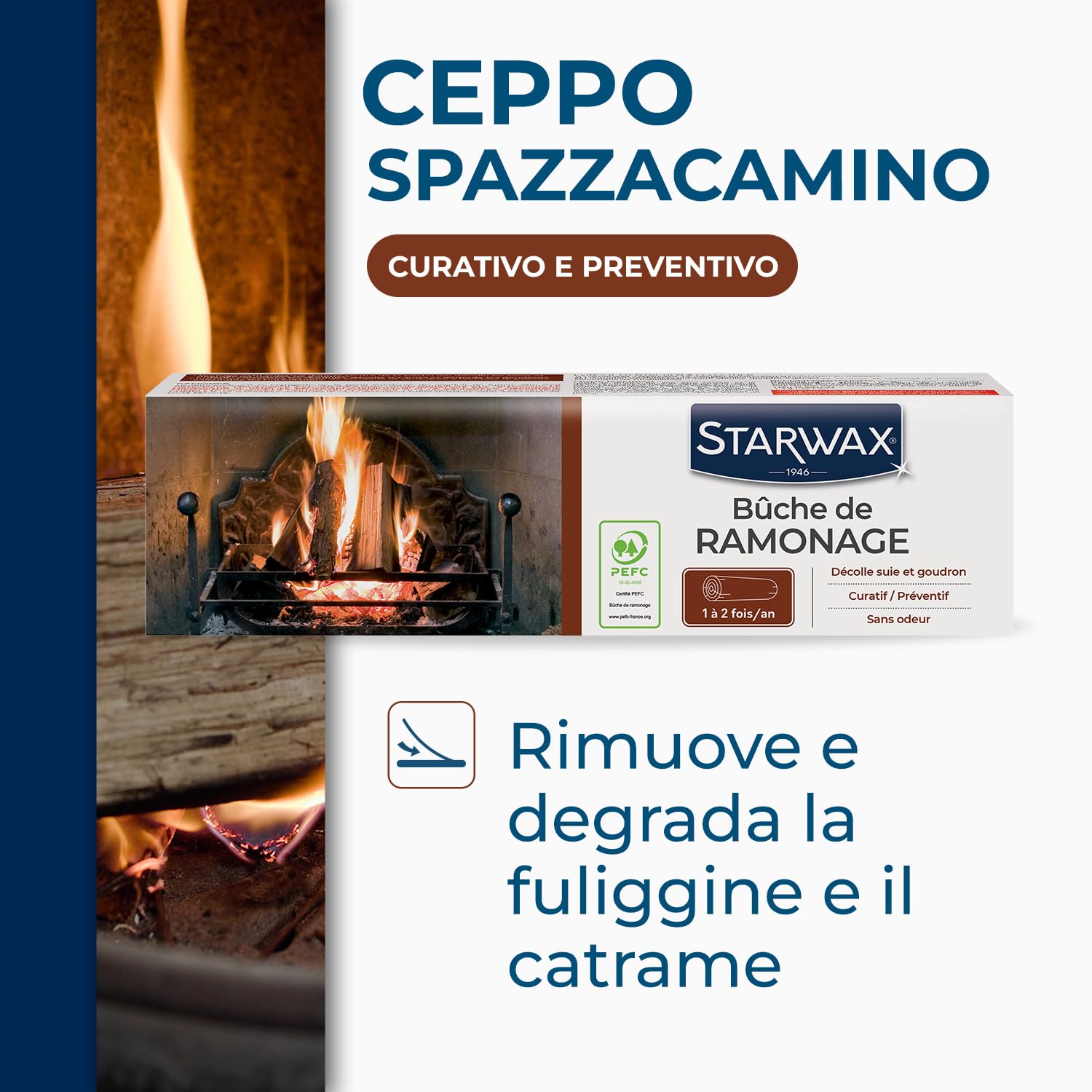 STARWAX – Ceppo Spazzacamino – Elimina Fuliggine e Catrame – Formula Brevettata – Inodore – Certificato Incluso – Per stufe e camini – Uso 1‑2 volte/anno – 1,1 kg