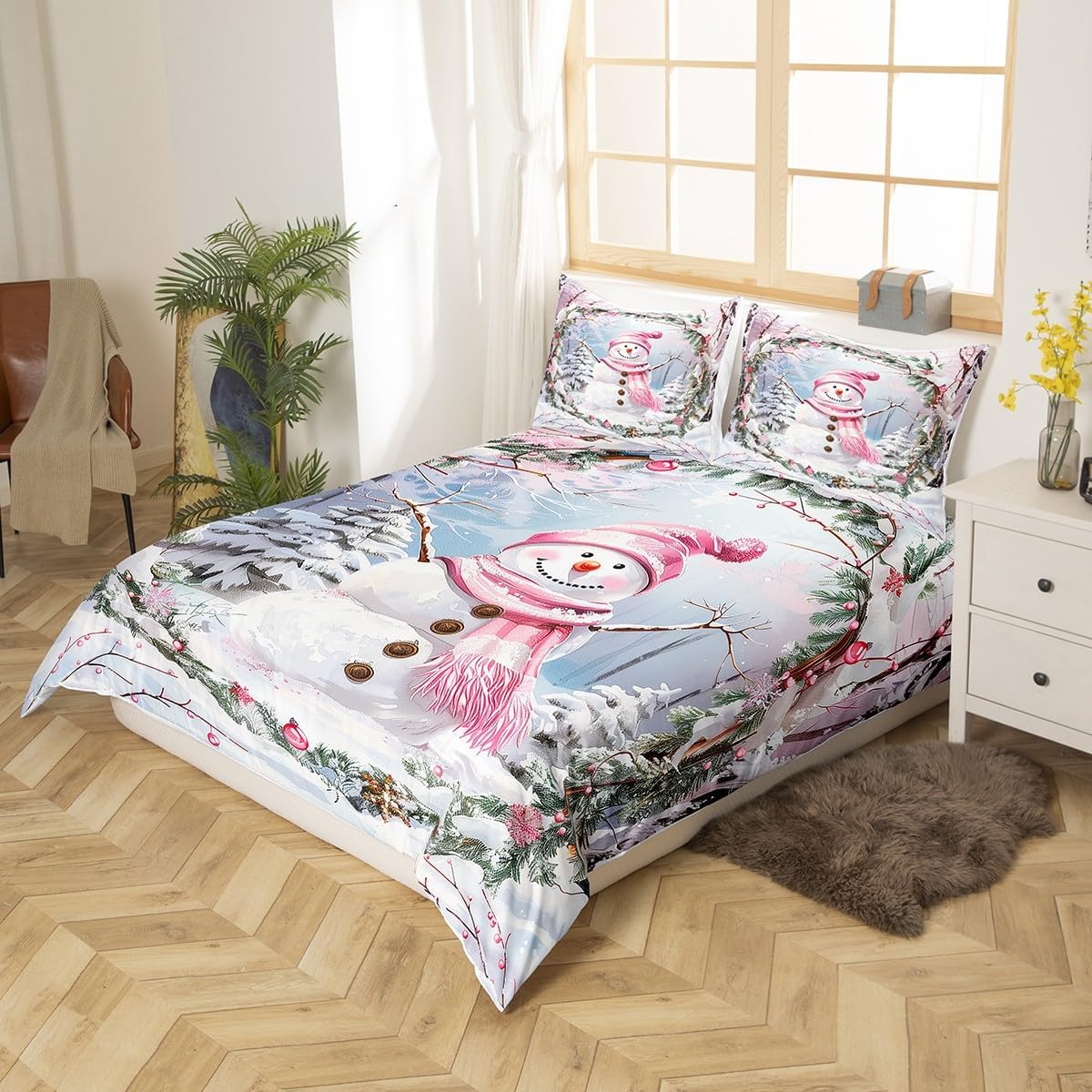 Cute Snowman Duvet Cover,Kids Pink Scarf Hat Bedding Set,Merry Christmas Comforter Cover for Boys Girls Room Decor,Pine and Snow Lightweight Bedspread Cover Twin Size with 1 Pillow Case(No Comforter)