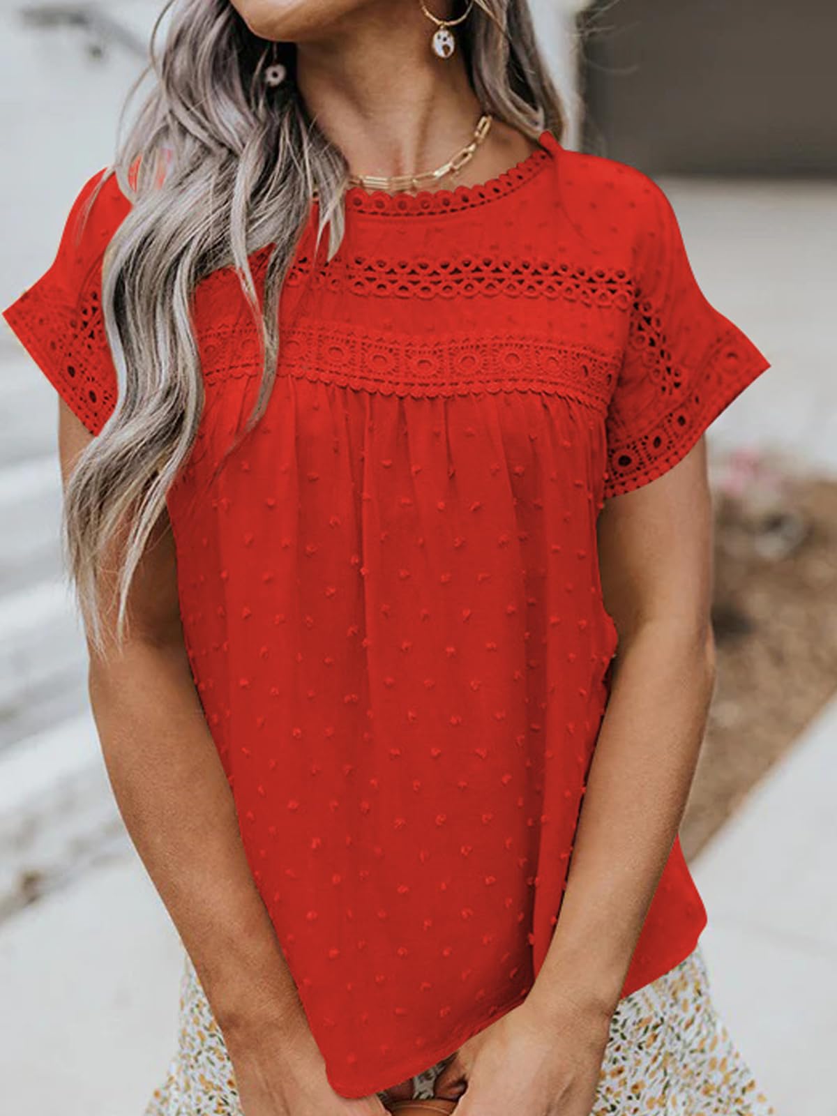 Poetsky Blusas de Verano de Manga Corta con Encaje de Ganchillo para Mujer, Estilo Babydoll, Elegante, Casual, para el Trabajo, Naranja Rojo, Small
