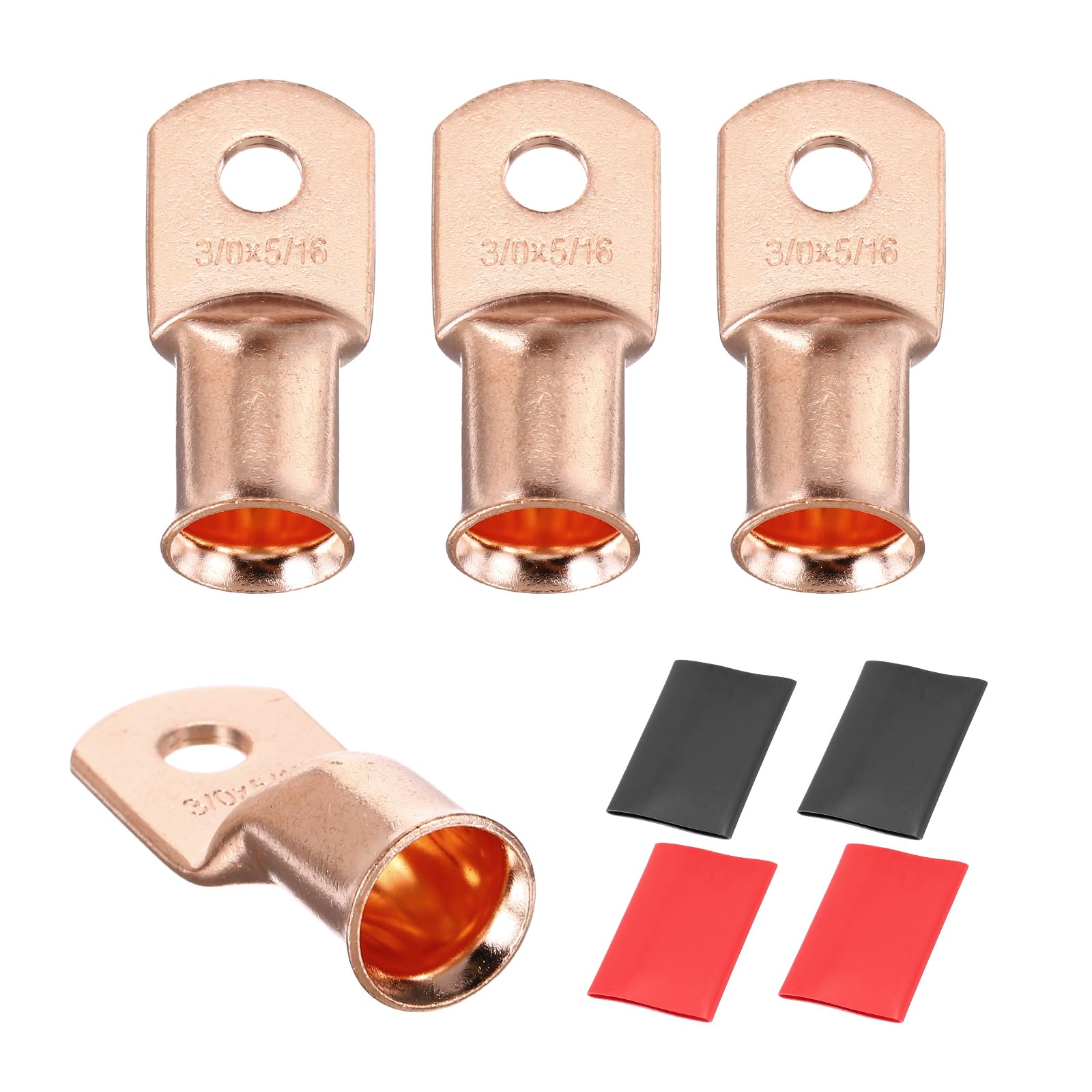 sourcing map 4pcs 3/0 AWG M8 Battery Lugs Ring Terminals, 5/16" 8mm Stud Crimp Wire Terminal Connector End Copper, 3:1 Heat Shrink Tubing, Gold