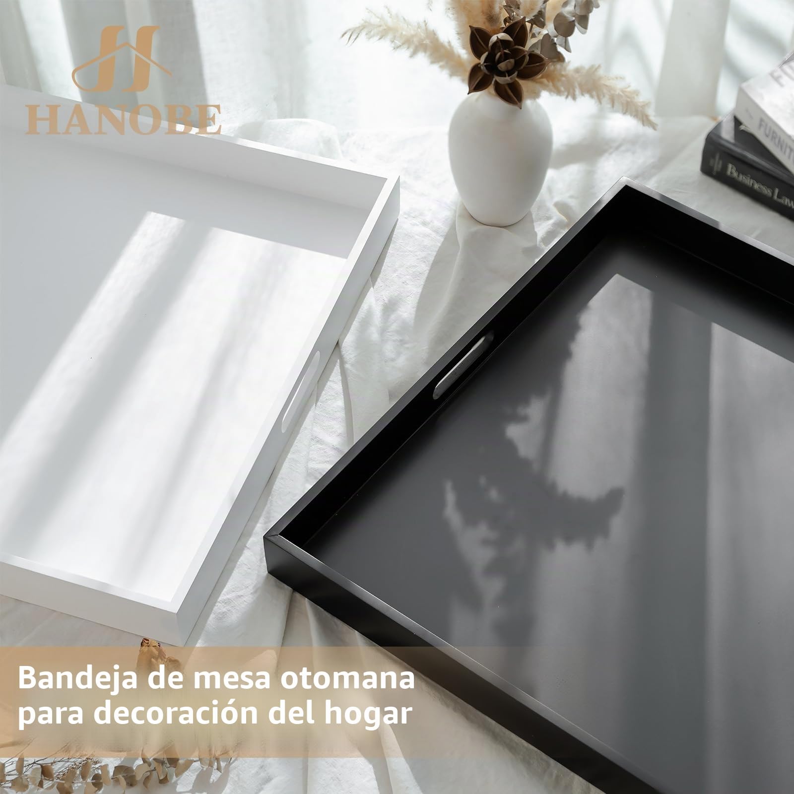 Hanobe Bandeja otomana cuadrada grande: modernas bandejas decorativas extragrandes blancas con asas recortadas para sala de estar, mesa de café, hogar, 20 pulgadas