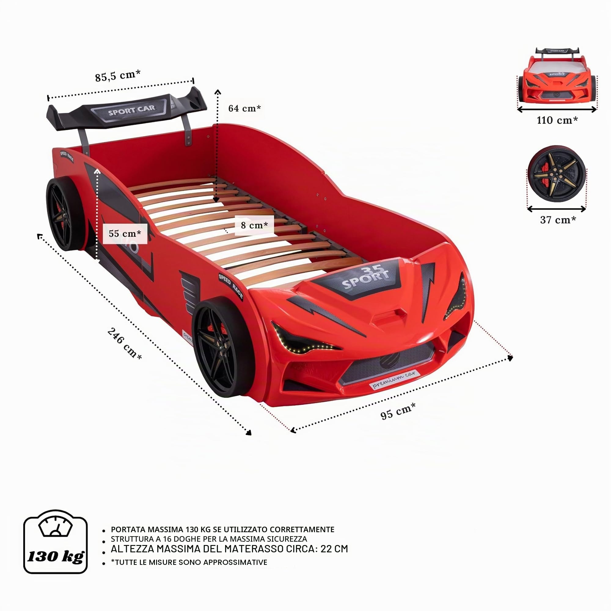 Rio - Lettino auto per bambini, 90 x 200 cm, con rete a doghe, luci LED e alettone (senza materasso, rosso con sedili sportivi)