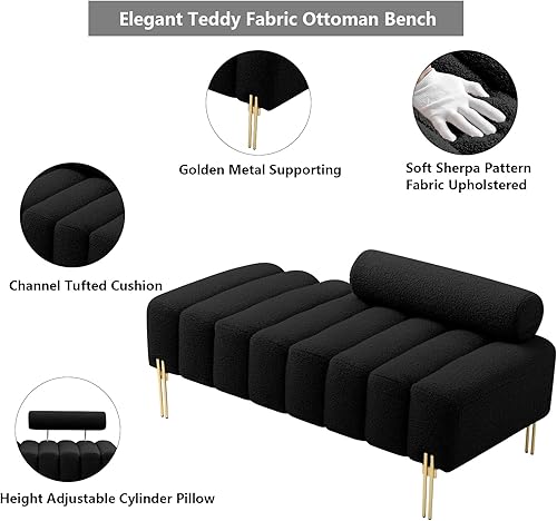Miniatura 3 de Aoowow Banco otomano para dormitorio, pie de cama, con canal, rectangular, de 53.2 pulgadas de largo, tela de peluche, banco de entrada, reposapiés