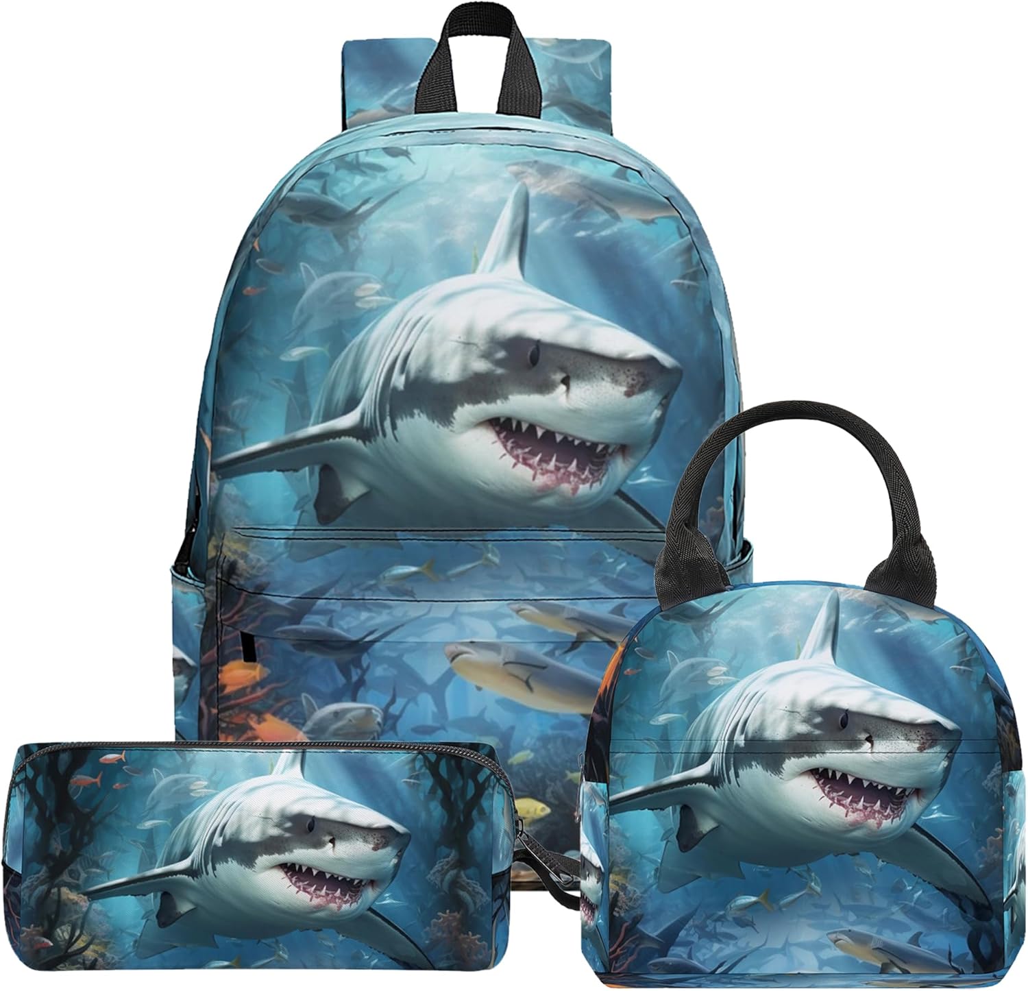 3PCS Shark Backpack Set for Boys, Large Lightweight 17 Inch Backpack with Lunch Box & Pencil Case for Kids, Back to School Bookbag for Elementary School