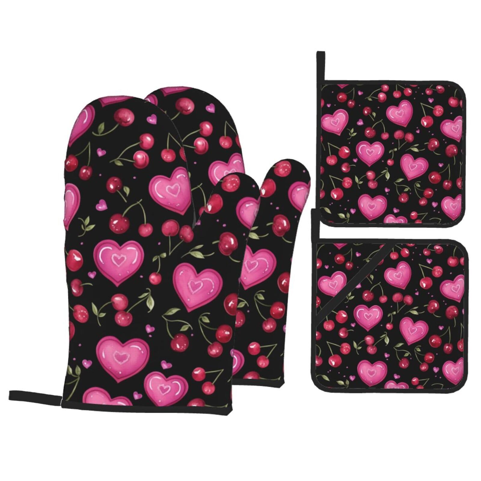 4 Pcs Hearts and Cherries Oven Mitts and Potholders,Kitchen Oven Glove with Pot Holders,Non-Slip Gloves High Heat Resistant 500 Degree for BBQ, Grill, Baking, Cooking, Oven, Microwave