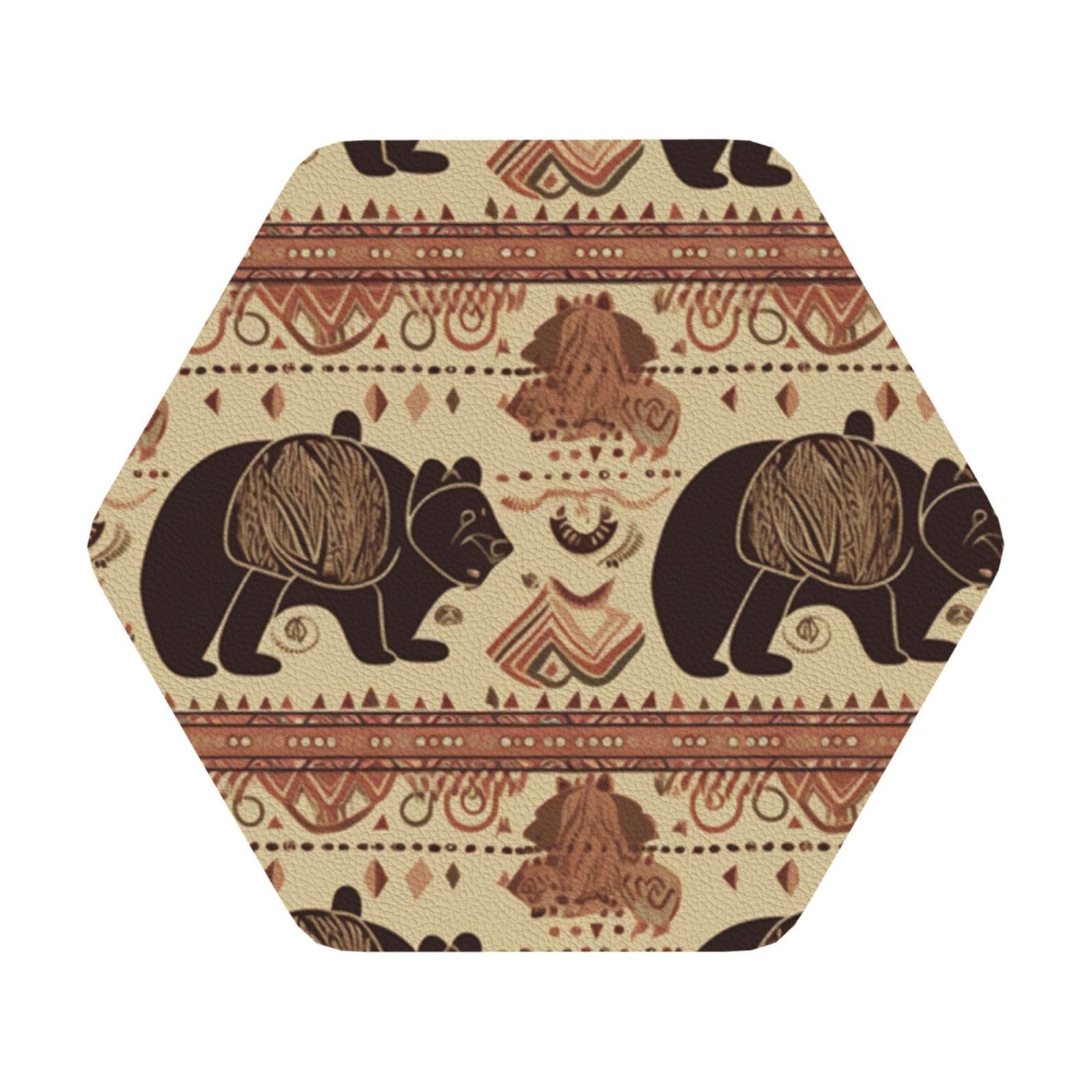 Bear Print Leather Coaster Set of 6, Hexagon Coasters Table Decorative Coffee Cup Beverage Coasters Wine Beer Bar Coasters for Hot Drinks Table Protection
