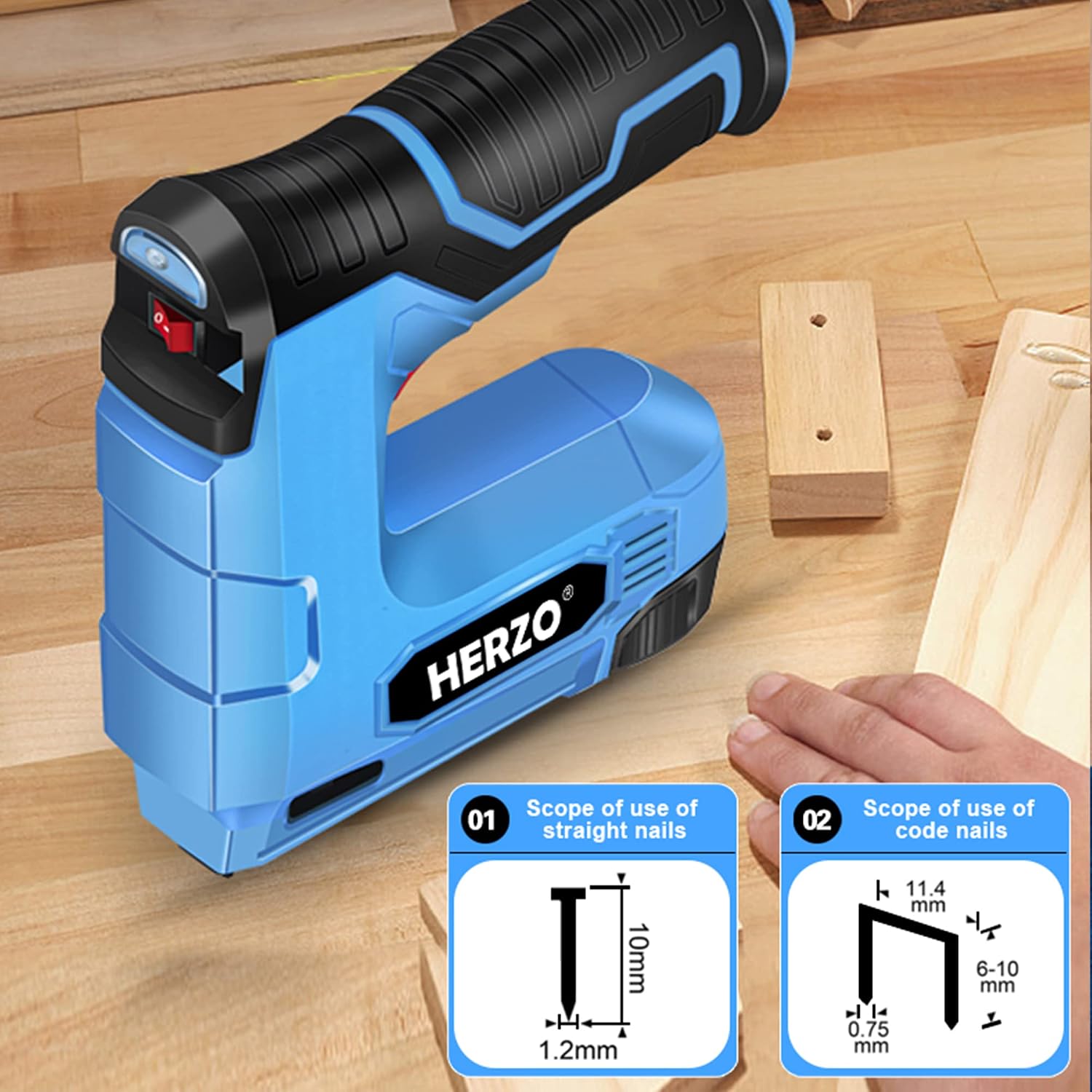 HERZO Electric Staple Gun, 2 in 1 Lithium-ion Electric Stapler, 4V Cordless Brad Nailer Kit with Staples Nails, USB Charger, Power Tacker for DIY Upholstery, Material Repair