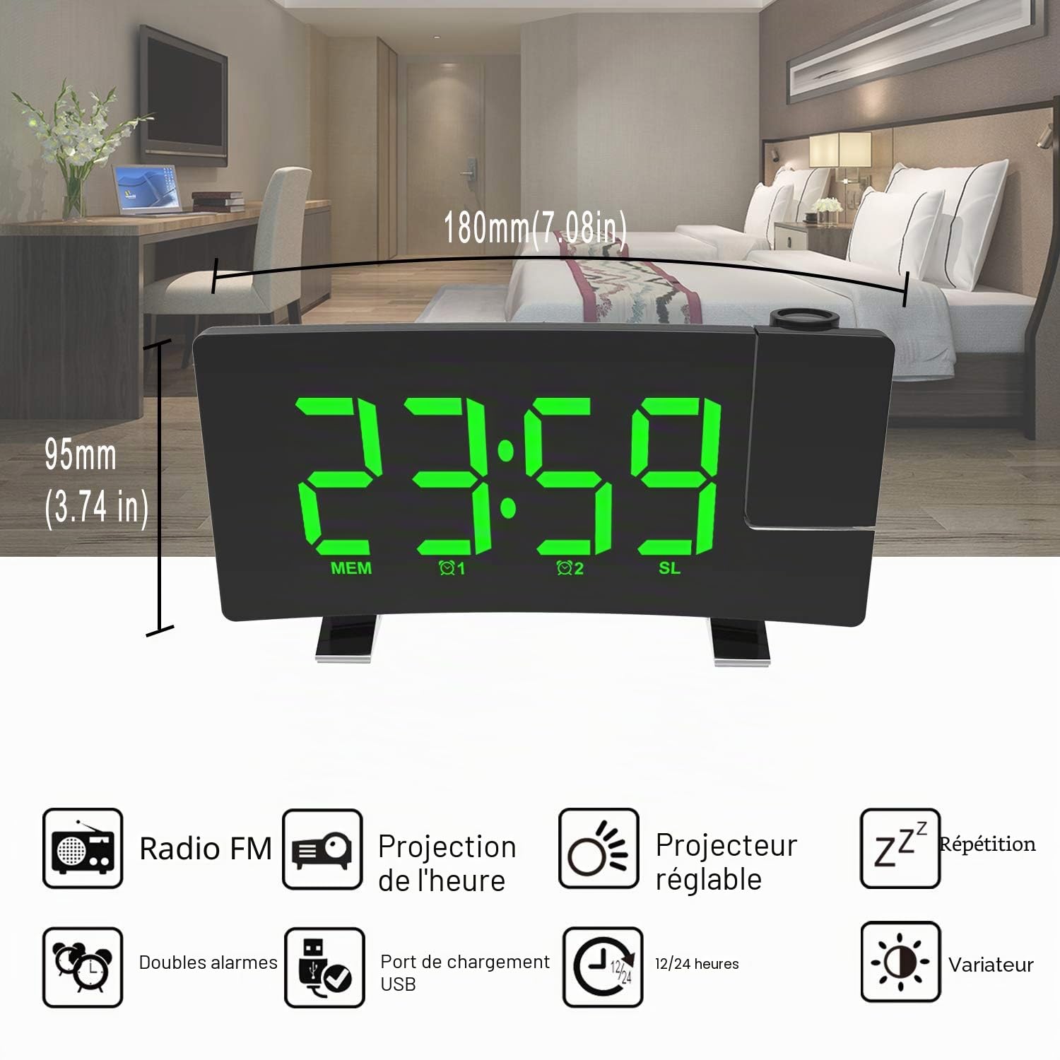 Radio Réveil à Projection, Réveil Projection Plafond 180°, Horloge Numérique FM USB avec Double Alarmes, Snooze, Minuteur de Mise en Veille, 12/24h, Grand écran LED avec Gradateur (Vert)