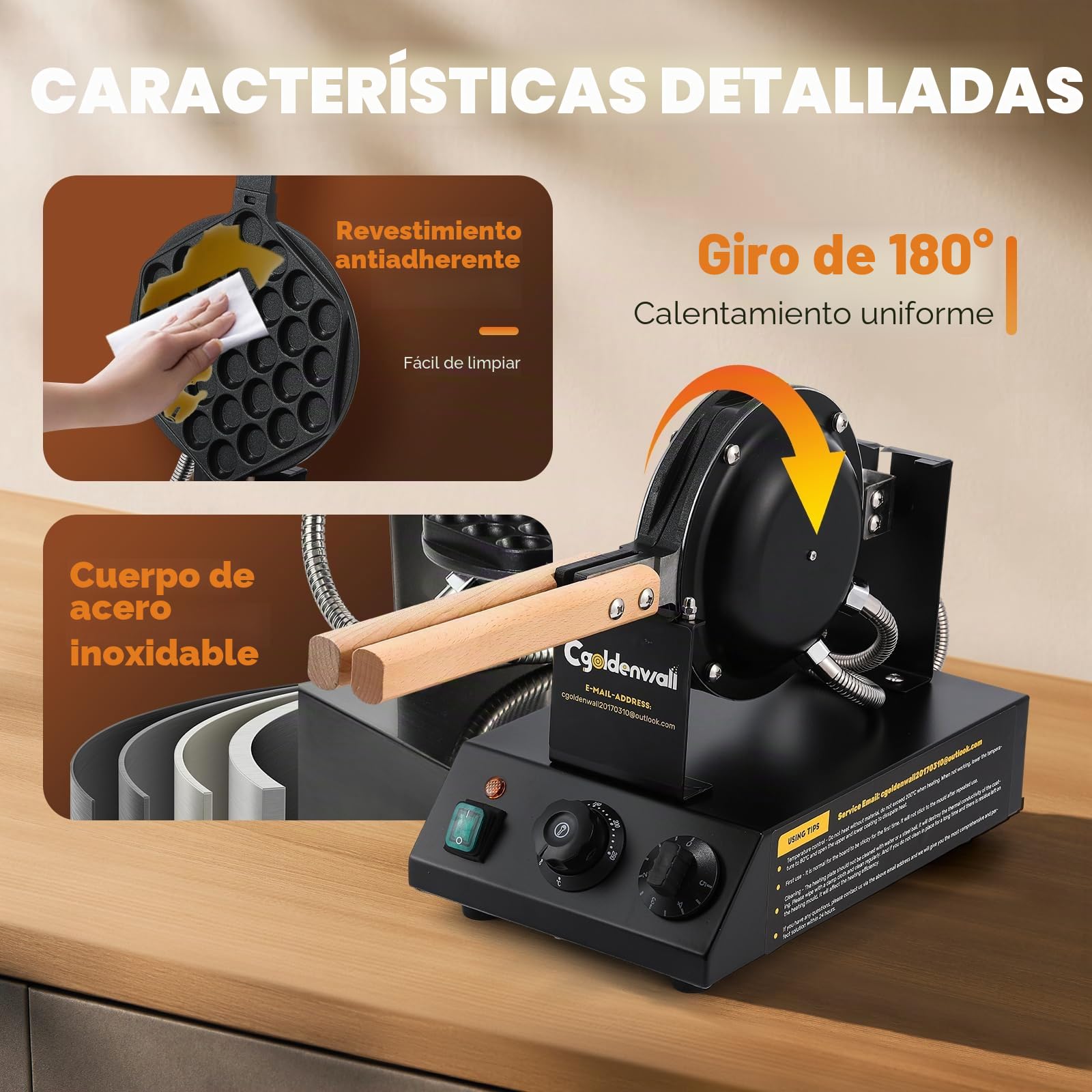 CGOLDENWALL Bubble Waffle Maker de Estilo de Hong Kong 1400W, Placa de Horneado Intercambiable y Antiadherente, Ajuste de Temperatura 0-250℃, para Cafetería/Postres/Restaurante - Incluye Recetas