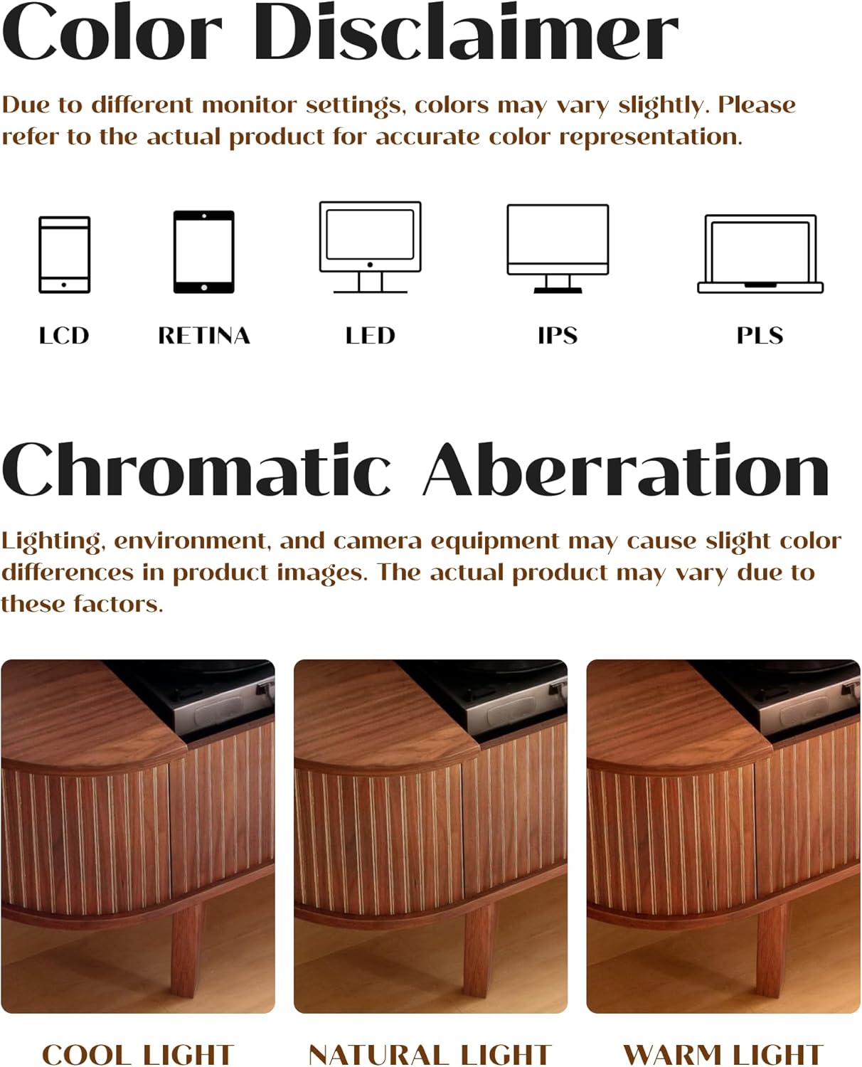 An image explaining chromatic aberration and color variations due to different lighting conditions (cool light, natural light, warm light) and display types (LCD, Retina, LED, IPS, PLS).