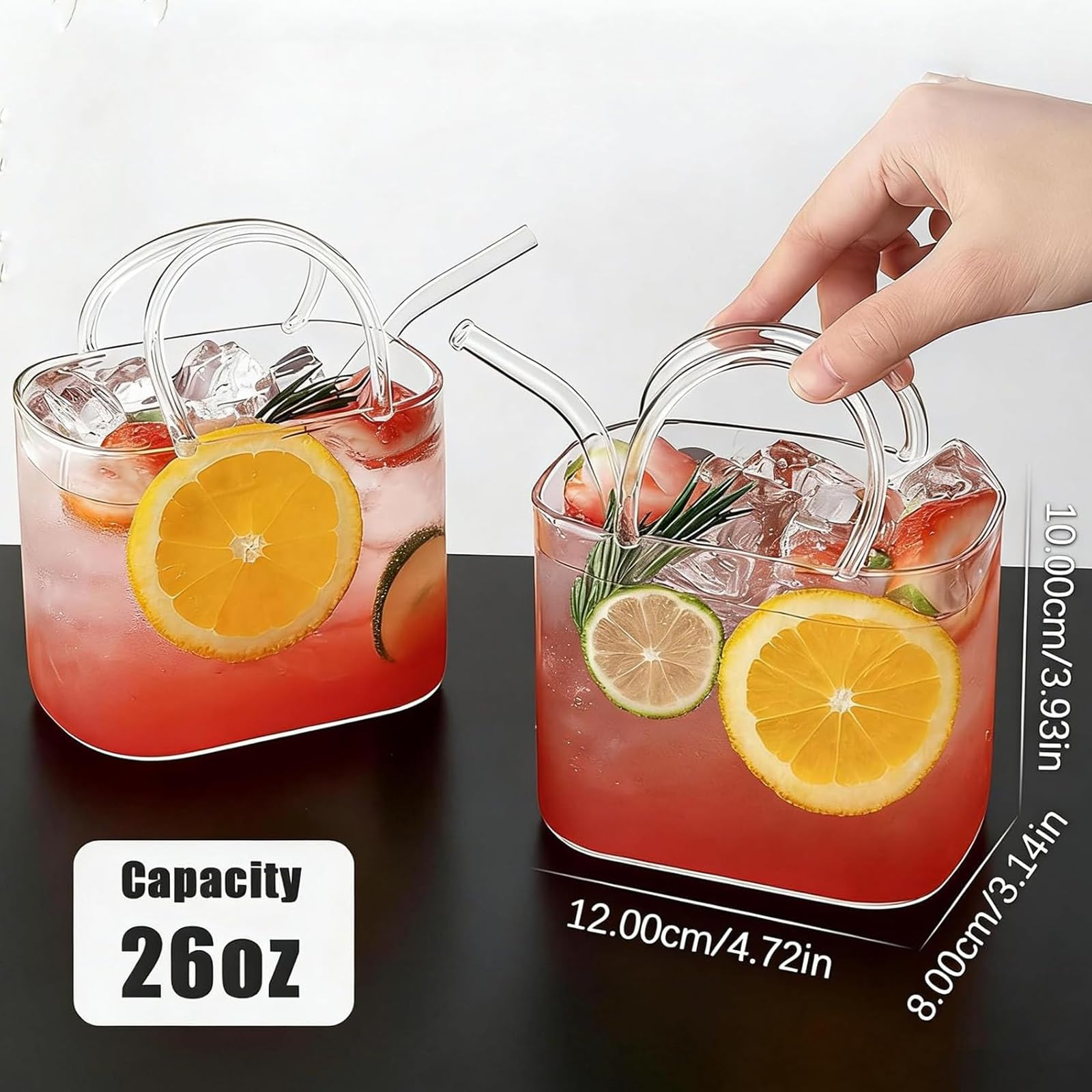 Szklana torebka na napoje, 26 uncji szklanka w kształcie torebki ze słomką, kreatywna szklanka/słodki kubek koktajlowy, na sok owocowy, herbatę, kwiaty 3 pcs
