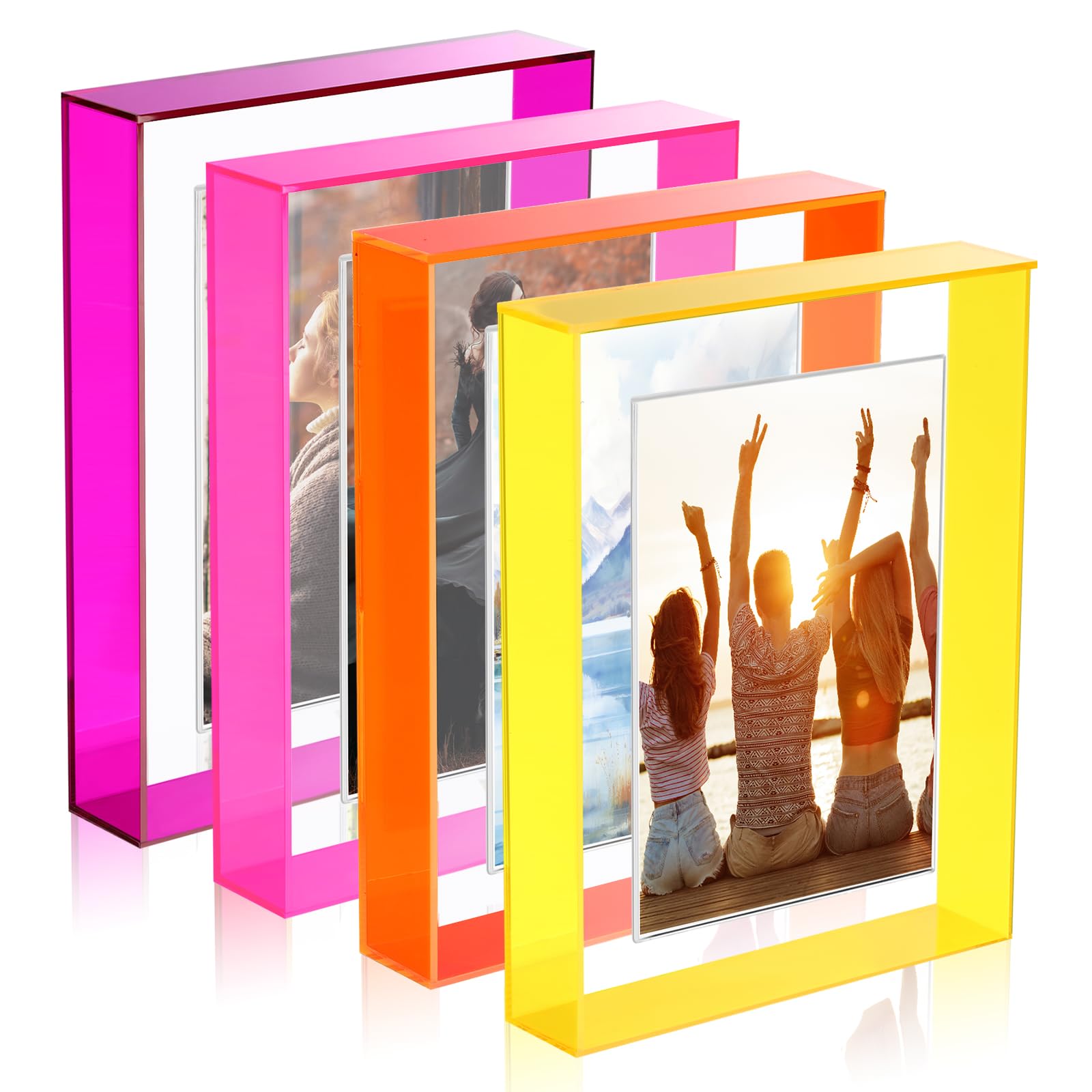 Kathfly 4 Pcs 5x7 Floating Picture Frame Acrylic Frames for Wall Mounted or Tabletop Standing Decorative Magnetic Photo Frames Neon Translucent