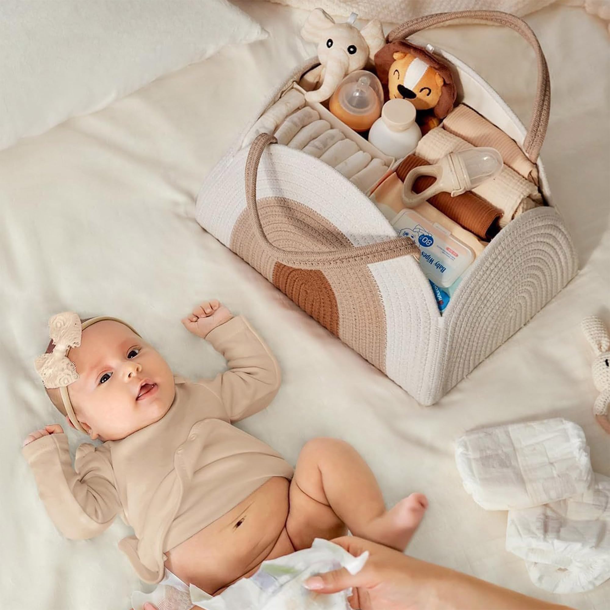 YUEMING Cestino Porta Pannolini, Organizer Fasciatoio per Neonati, Cesto Prodotti Neonato con Divisorio, Cestino Porta Pannolini Fasciatoio, Baby Pannolino Caddy Organizer (Bianco)