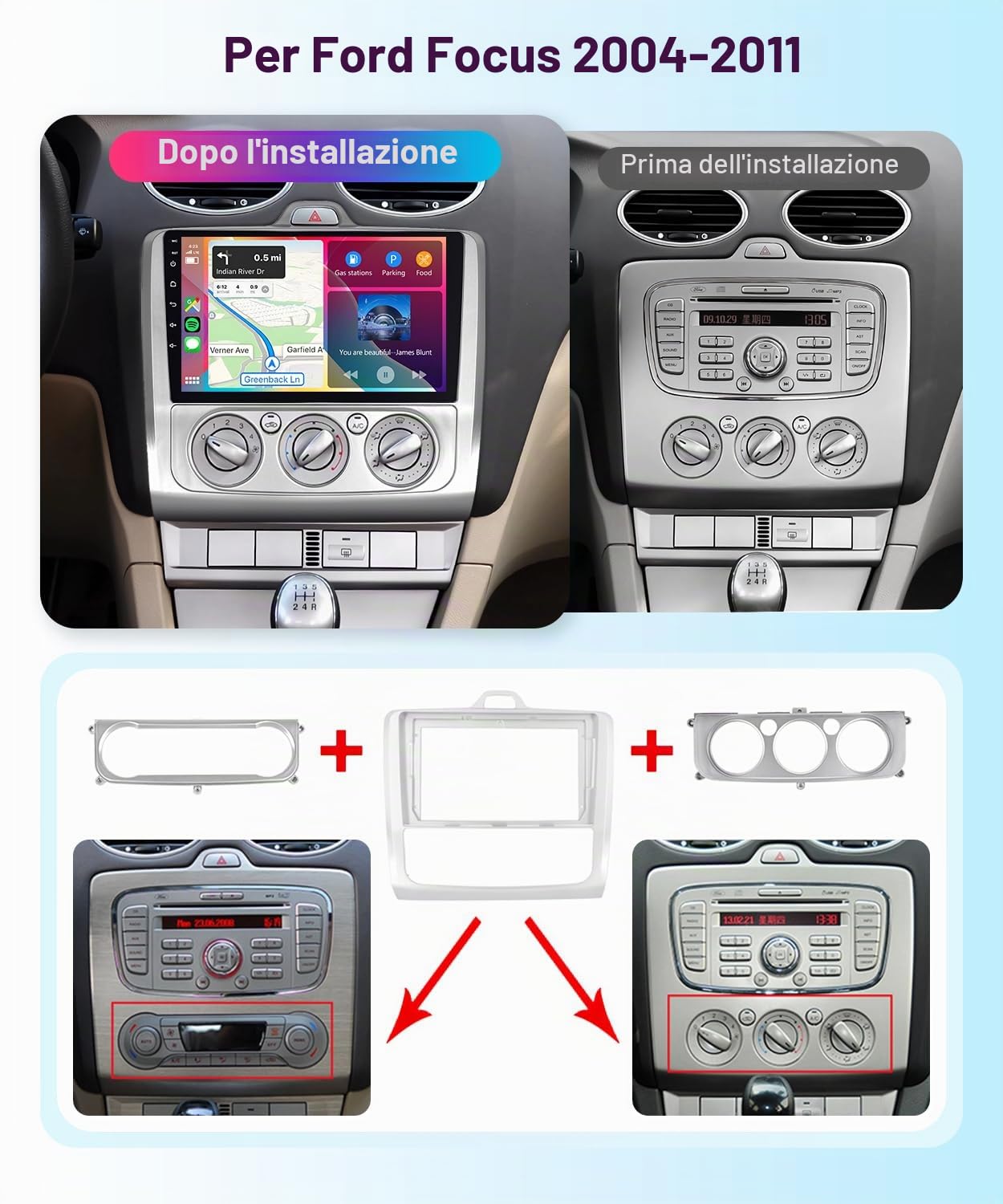 VECHTEL Autoradio 2G+64G Android 15 per Ford Focus Mk2 II 2 2004-2011, 9 Pollici HD 2.5D Schermo Tactile Stereo Auto co Carplay Android Auto senza Fili GPS Wi-Fi USB Bluetooth FM RDS Radio Retrocamera