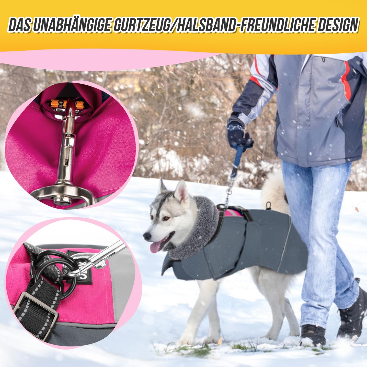 Eyein Hundemantel Winter für Große Hunde, Wasserdicht Hundejacke mit warmem Fleecefutter und Halsband, Winddichter Wintermantel Hund mit Bauchschutz und Verstellbarem Brustriemen, Rosa, XXXL