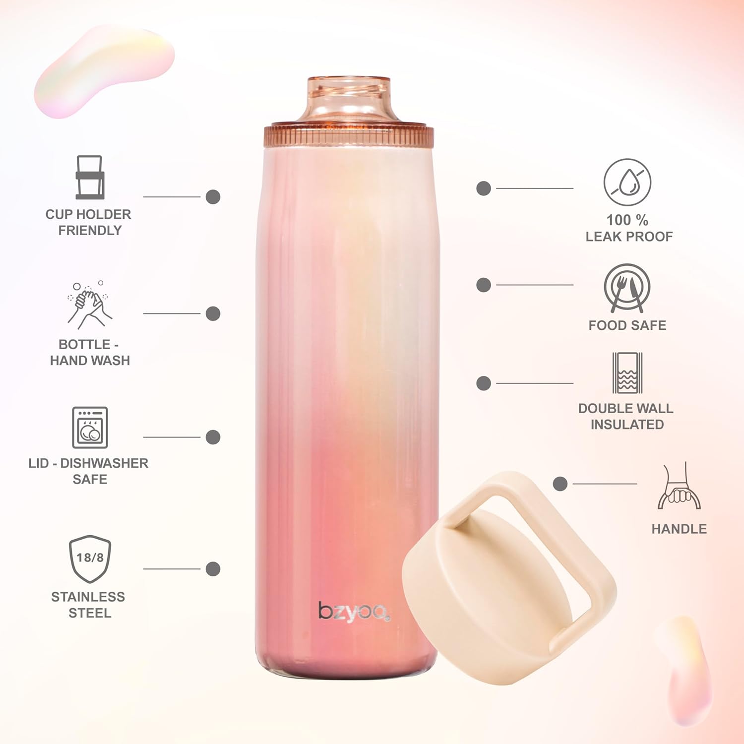 bzyoo 24oz Insulated Water Bottle with Clear Chug Lid - 100% Leakproof Stainless Steel Bottle, Aurora Iridescent Pink, BPA-Free Double Wall Vacuum Flask for Hot & Cold Drinks, Fits Car Cup Holders - Image 6