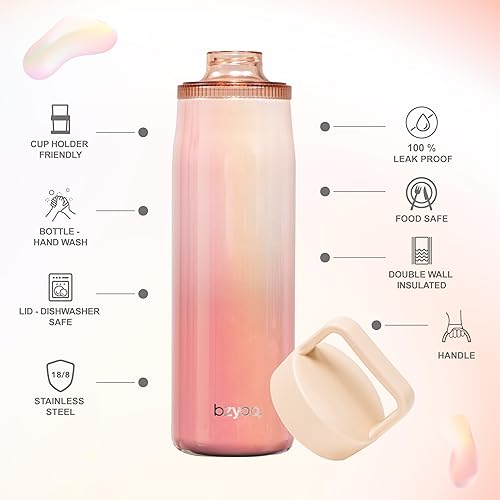Miniatura 6 de bzyoo Botella de agua aislada de 24 onzas con tapa transparente para chug  Botella de acero inoxidable 100% a prueba de fugas, rosa iridiscente