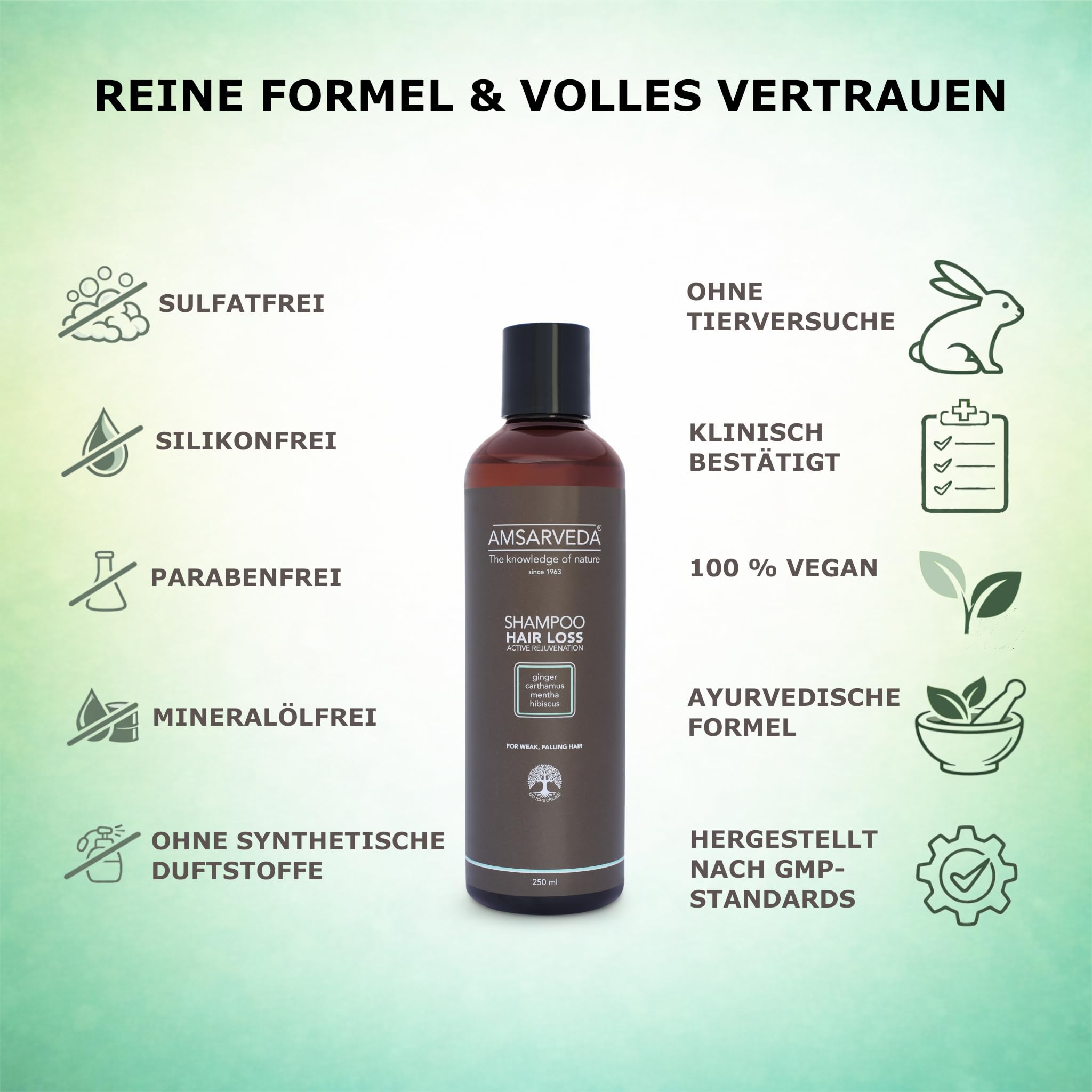 Amsarveda Hair Loss Active Rejuvenation Shampoo – 100% natürlich, ayurvedisch, intensive Reinigung, pflegend, ohne Parabene und Sulfate, 250 ml