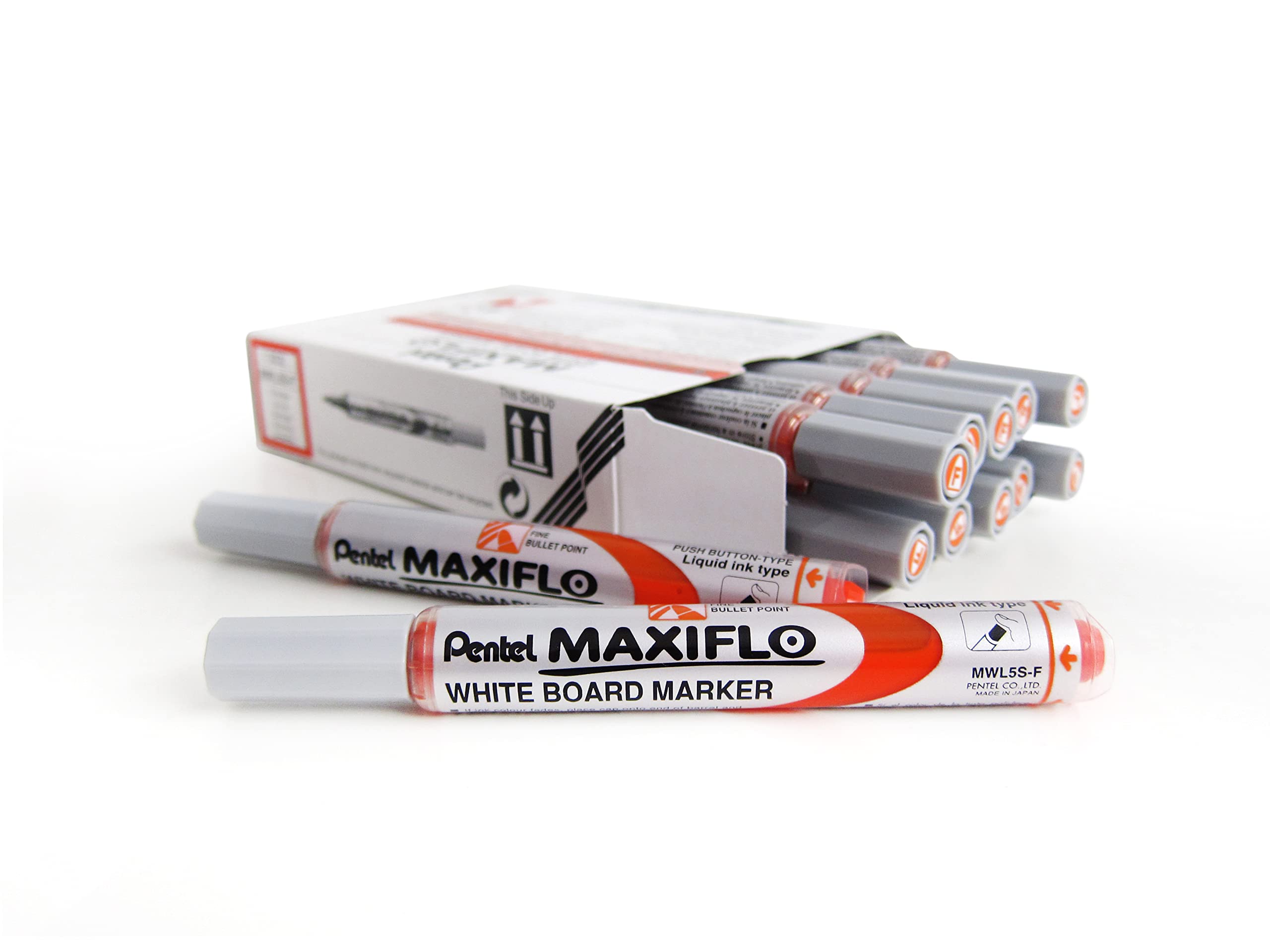12 Marqueurs Effaçables à Sec Pentel Maxiflo - Pointe Moyenne 1.6mm - Encre Noire Intense - Réencrage Par Poussoir
