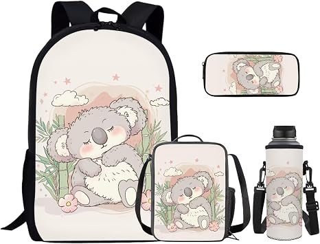 School Bag for Girls Cute Koala Bookbag for School Bamboo Print Backpack with Shoulder Straps Portable Lunch Box with Handle Novelty Pencil Case Trendy Water Bottle Holder Gifts