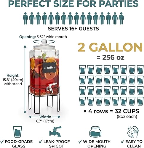 Miniatura 2 de 2 Gallon Glass Drink Dispenser, Drink Dispensers for Parties, Beverage Dispenser with Stand and Glass Lid, 100% Leakproof Spigot, Ideal for