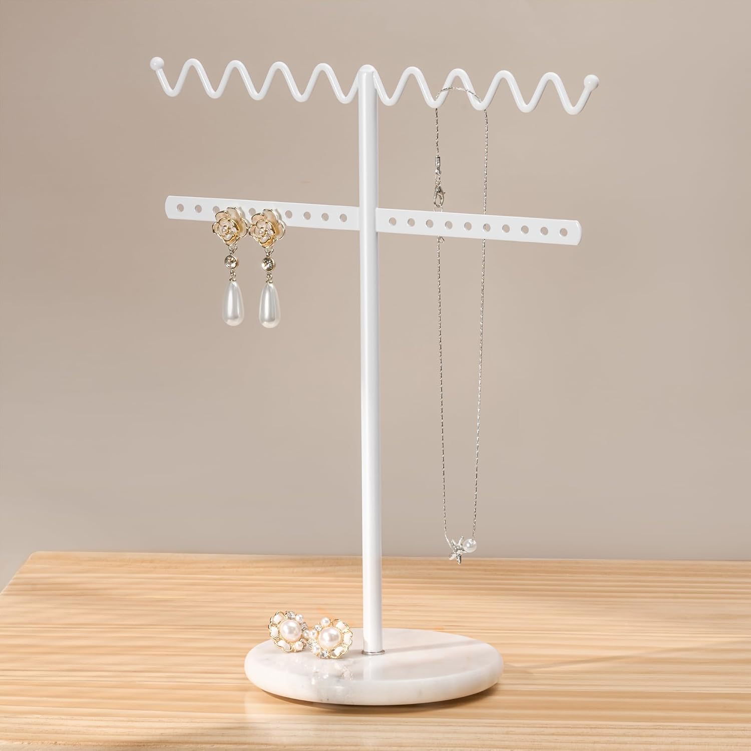 Jewelry Stand Necklace Holder, White Metal Jewelry Organizer with Wavy Necklace and Earring Holder, Marble Base for Stability, Home Decor for Bedroom or Vanity