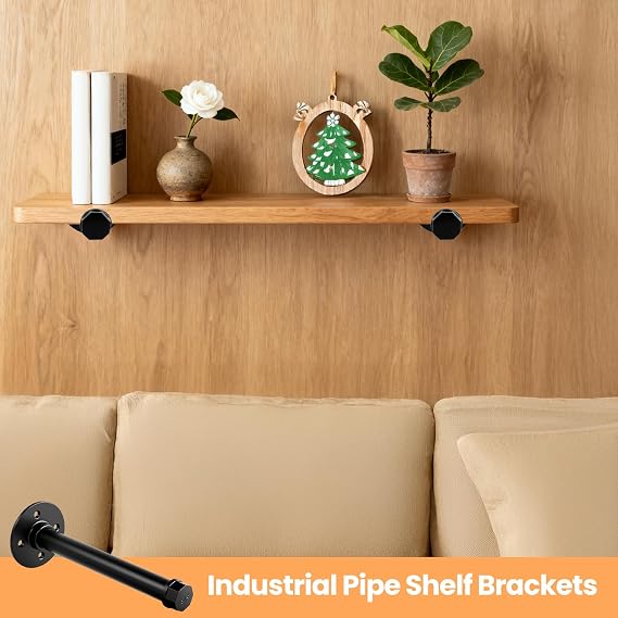 8 Pack Industrial Pipe Shelf Brackets, 8 in Black Iron Pipe Floating Shelf Bracket,Heavy Duty Metal Shelving Bracket,Wall Mounted DIY Shelving Brackets for Floating Shelves,Hardware Included