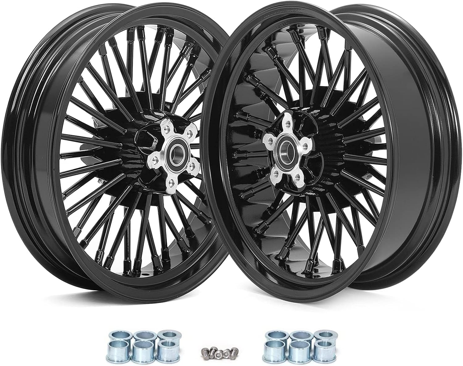 TOFR 16x3.5 16x5.5 Gloss Black Front Rear Rims Wheels Fat Spokes Tubeless For Harley Softail Standard Custom Night Train Springer 2006-2010 / FLSTF Fat Boy 2007-2017 / Deuce 2000-2008 / Slim 18-21