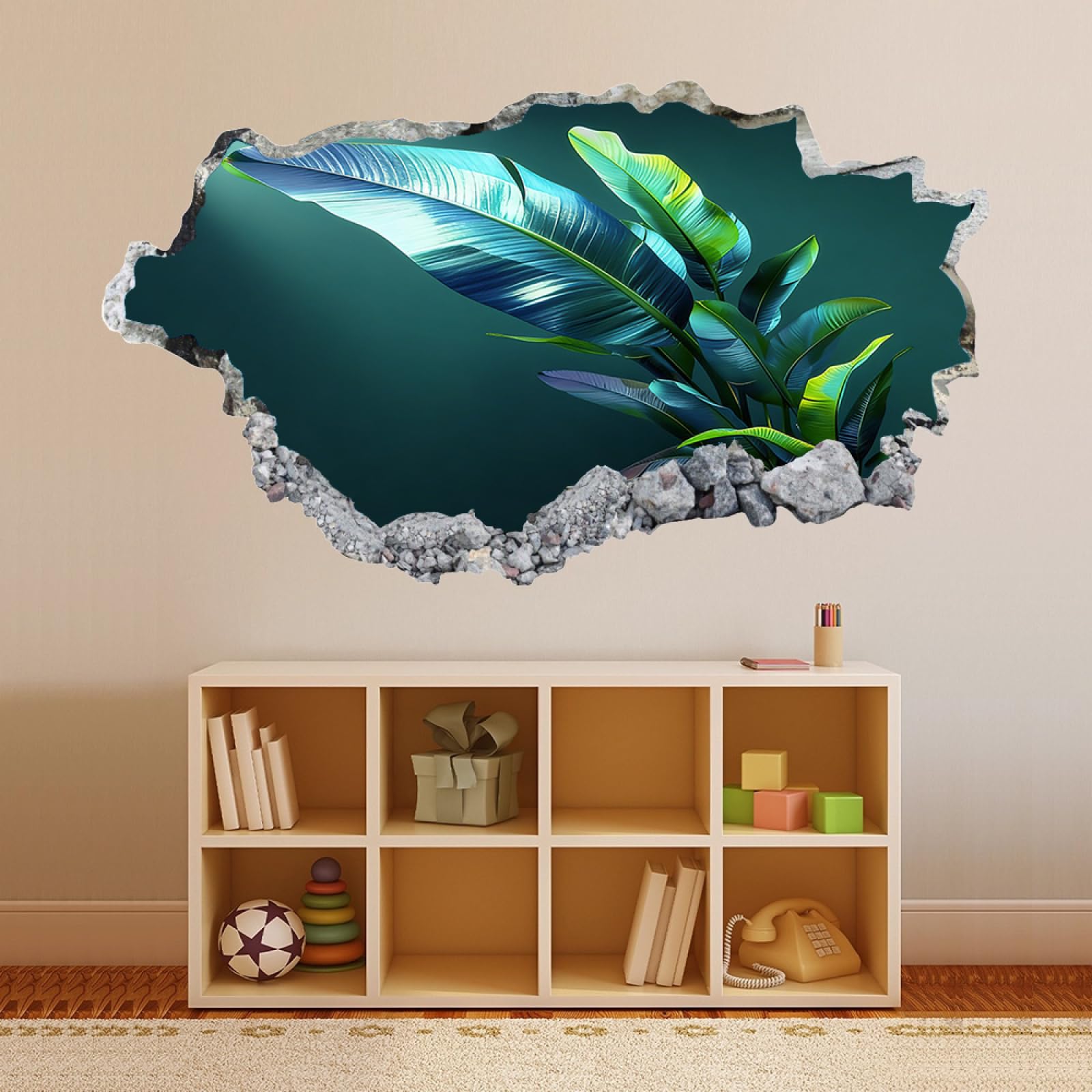 Stickers Muraux 3D Smashed Murales Feuilles De Plantes Tropicales Autocollants de imperméables amovibles Art pour chambre salon pépinière décoration murale 70x122cm