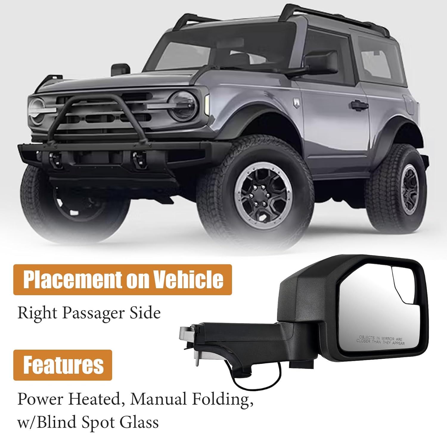 Right Passager Side Mirror Replacement for Ford Bronco 2021-2024 5-pins Power Heated Manual Folding w/Blind Spot Glass Black Texture Cover M2DZ17683BC M2DZ17D743G 128-12503 FO1320743