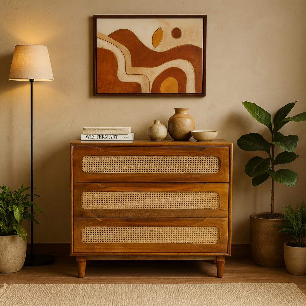 Kraft Bazaar Solid Wooden Atalanta Chest of Drawers | Chest of Drawer with Natural Cane/Rattan | Drawer Chest with 3 Drawers | Wooden Storage Cabinet | Mango Wood, Light Brown Finish-image-32