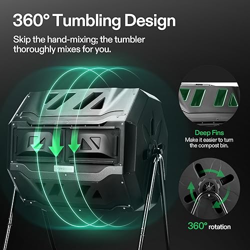 Miniatura 3 de VIVOSUN Contenedor de compostaje giratorio doble con pulverizador de presión de bomba de jardín de 1.3 galones, compostador de 43 galones, rociador