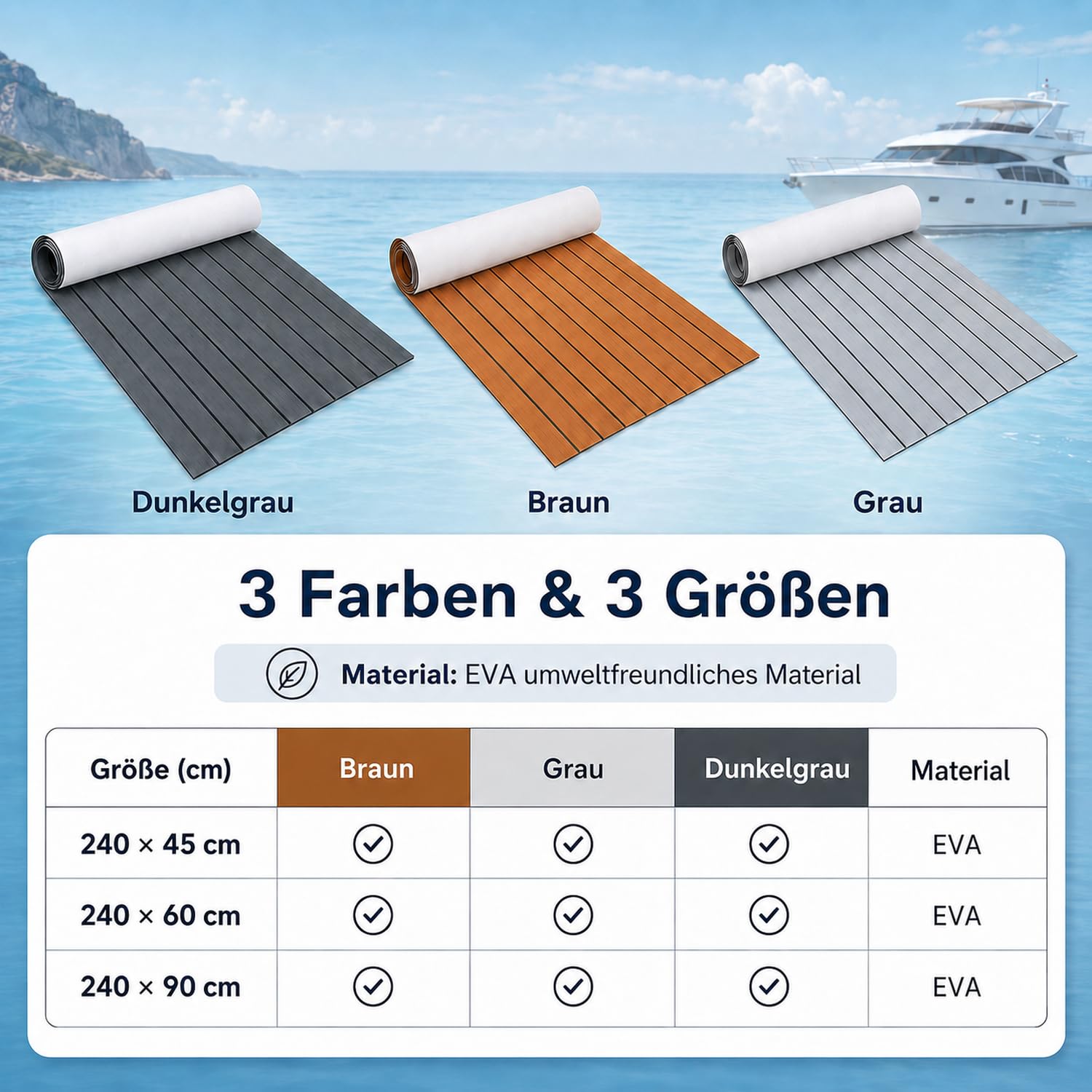 𝐎𝐥𝐥𝐞𝐰𝐢𝐞𝐥𝐥𝐚𝐧 EVA Schaum Bootsbodenbelag 240 x 90 cm Braun, selbstklebende Bodenmatte in Teak Optik, rutschhemmender Marineteppich zum Zuschneiden für Yacht, Wohnmobil und Pooldeck