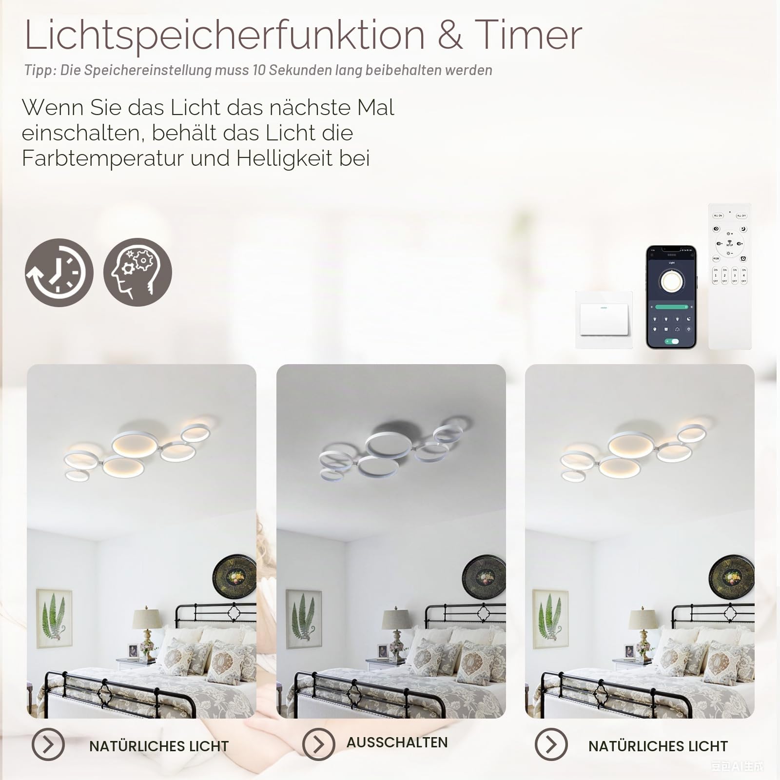 LED Deckenleuchte Dimmbar Modern Lang 95cm, 6 Ringe Schlafzimmer Wohnzimmer Lampe Decke Mit Fernbedienung APP, Flimmerfreies Licht Memory-Funktion, Ultraflaches Design Ceiling Lamp Büro Weiß