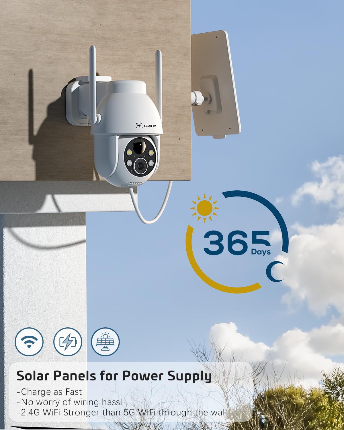 COCOCAM Kamera słoneczna Zewnętrzna bezprzewodowa, Kamery bezpieczeństwa 2K PTZ Wi-Fi 2,4 GHz Kamera monitorująca CCTV, Detekcja ruchu AI/Kolorowy noktowizor / 2-kierunkowe audio (1, Biały)