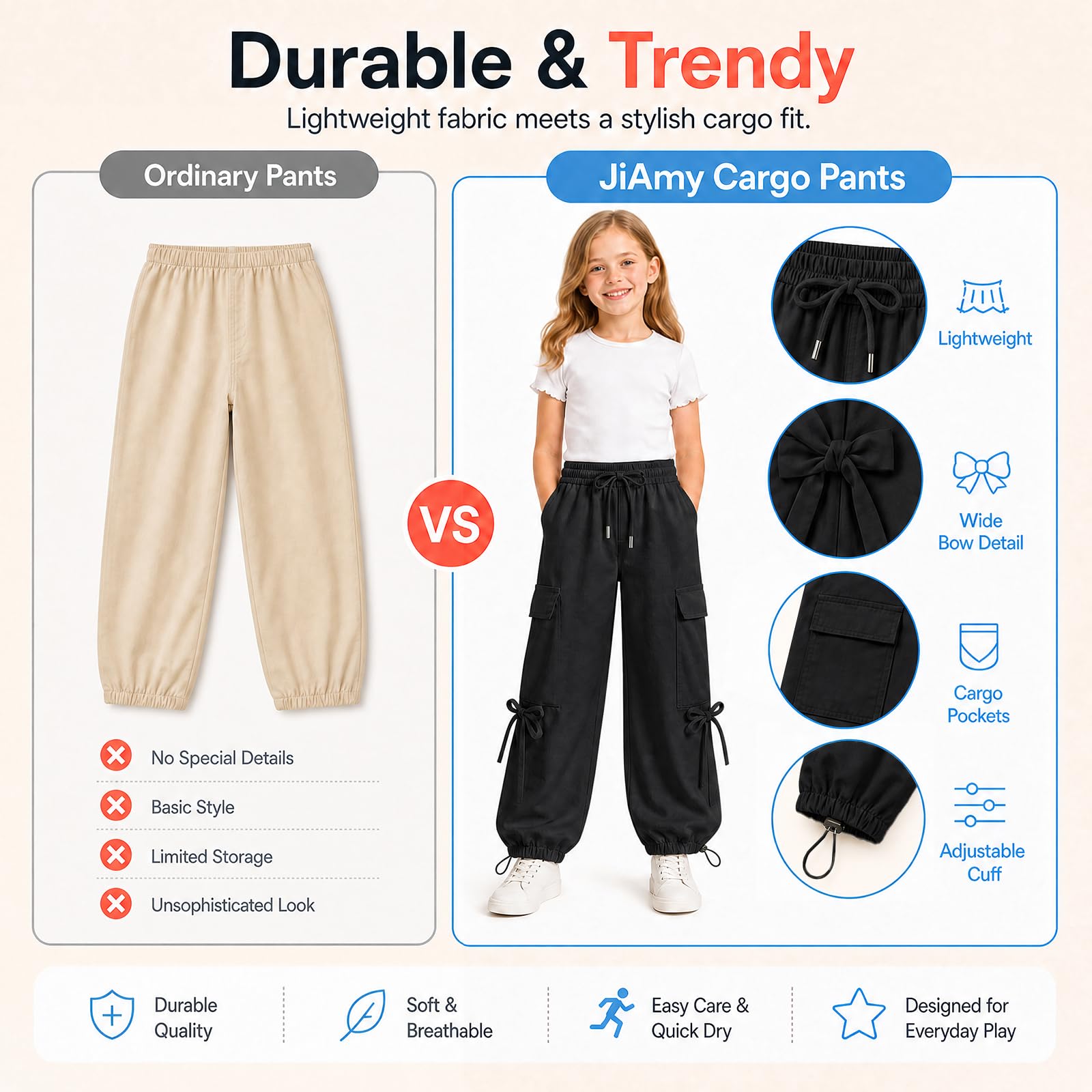 JiAmy Pantalones cargo holgados para niñas, cintura elástica con lazo, pierna ancha, transpirables, Y2K, pantalones deportivos casuales para verano, para baile, escuela, jugar, 5-14 años