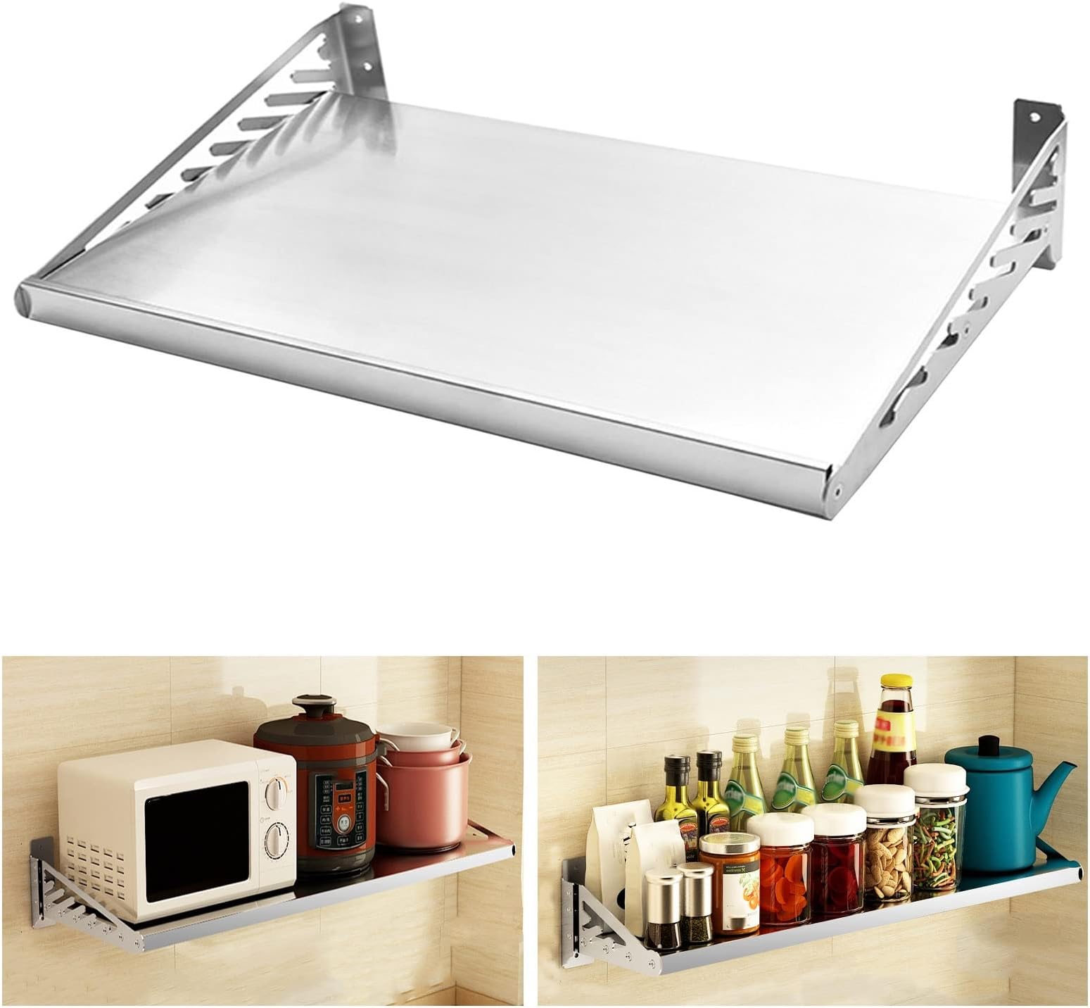 Wall Mounted Microwave Oven Rack Stand Stainless Steel Kitchen with Removable Panel Multi Size Hanging Pot & Pan Storage Bracket Durable Metal Design
