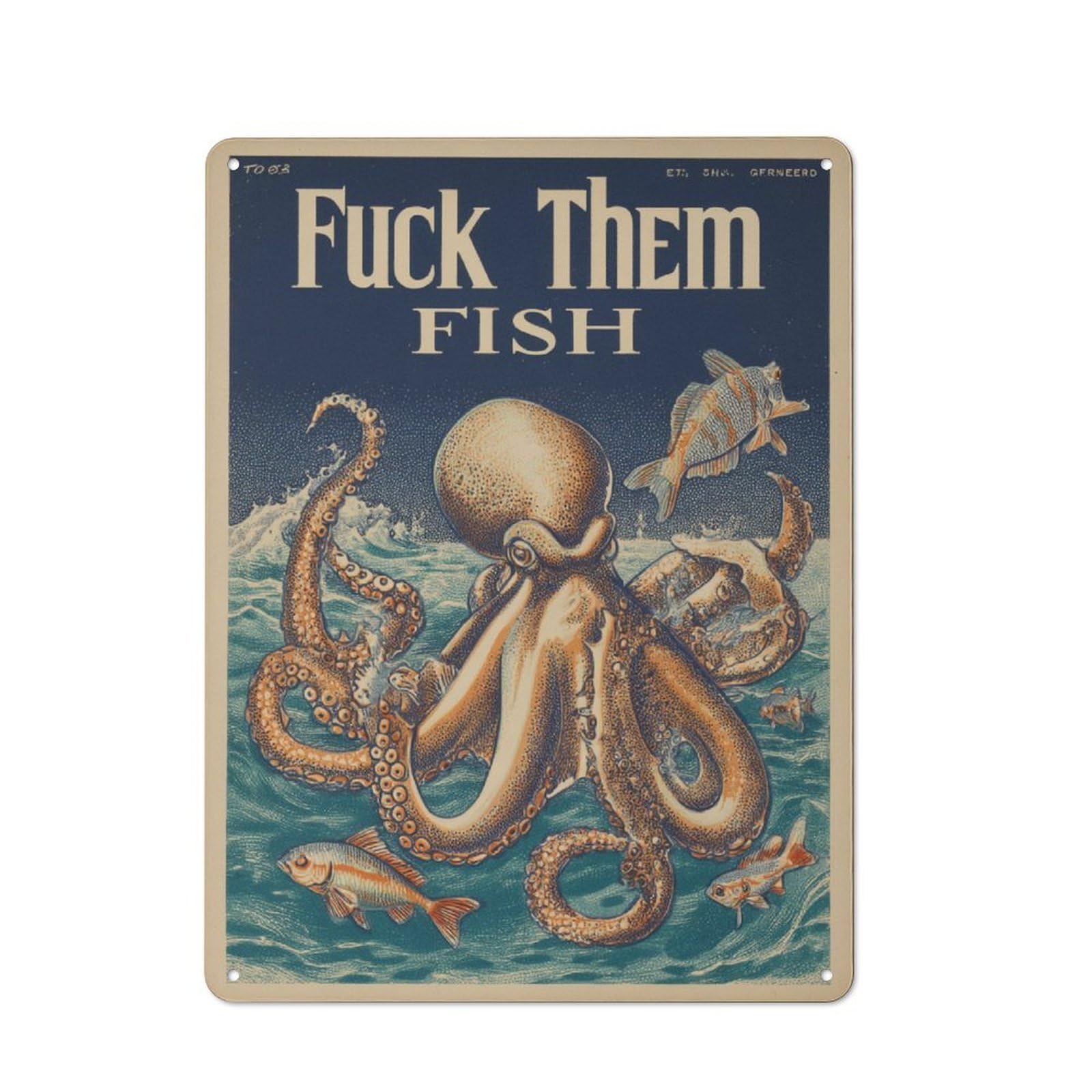 Junmoney Octopus & Fish Show Printed Metal Sign 40X30cm For Kitchen Or Home Bar, Housewarming Present For People Styling Kitchen And Home Bar