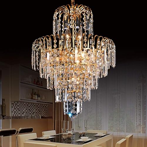 Ridgeyard 4-Lights Crystal Chandelier 7 Tiers Raindrop Chandelier Modern Pendant Chandelier Crystal Hanging Light Fixture for Hallway Entryway Foyer Dining Room Gold Finish E12