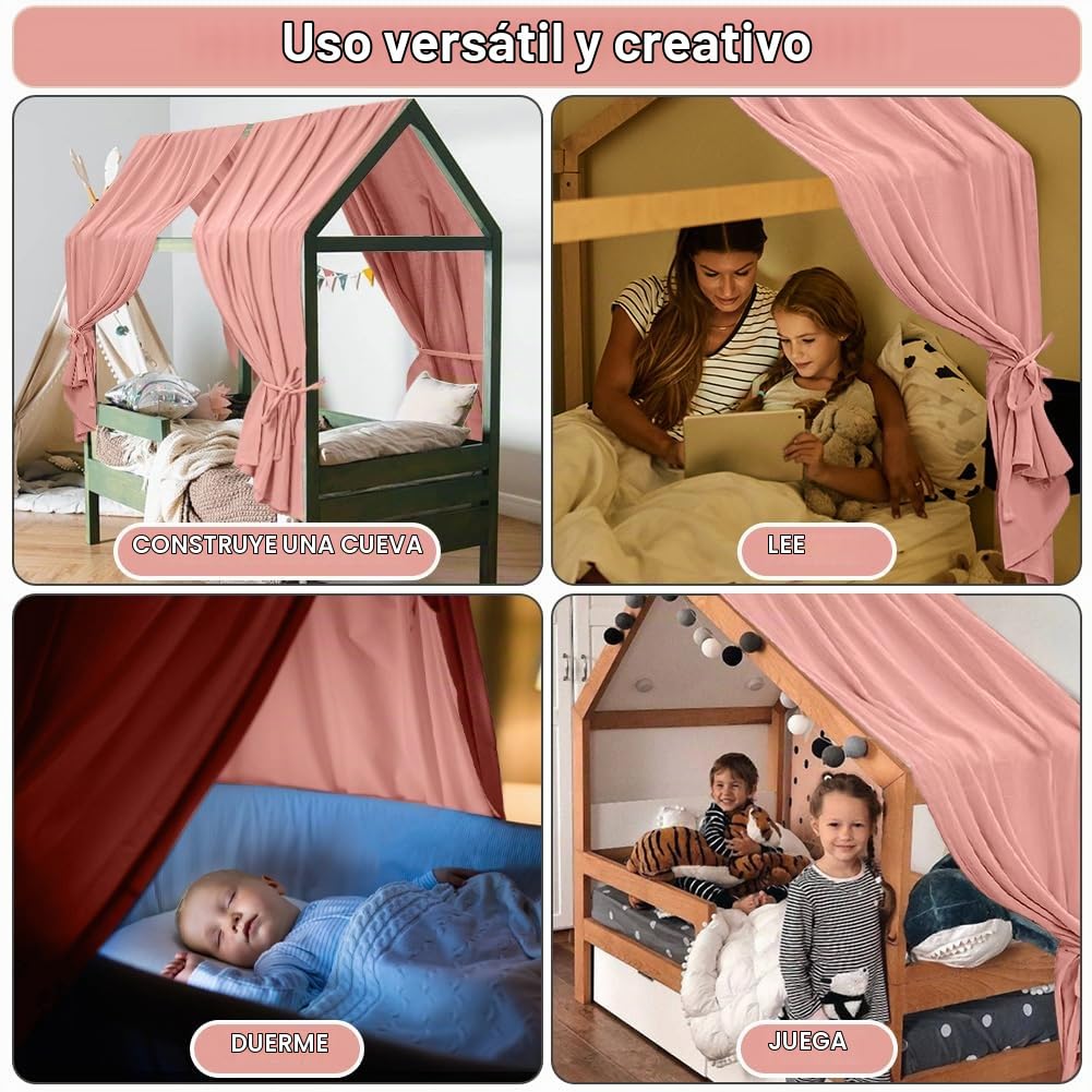 HOTUT 2xDosel, 130 x 320cm Juego de Decoración para Cama de Casa, Dosel para Cama de Niños con Volantes, Mosquitero Decoración, Dosel Cama Compatible Cama Montessori para Niños y Niñas-Rosa