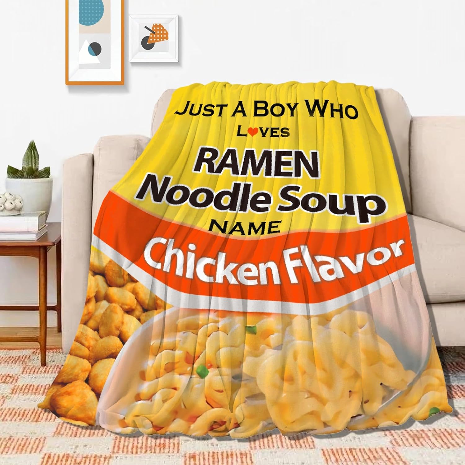 Custom Blanket Just A Boy Who Loves Ramen Personalized Name Blanket with Text for Great Gift for Family, Birthday, Soft Customized Name Blankets for Girls, Boys M 60"x50" for Teens