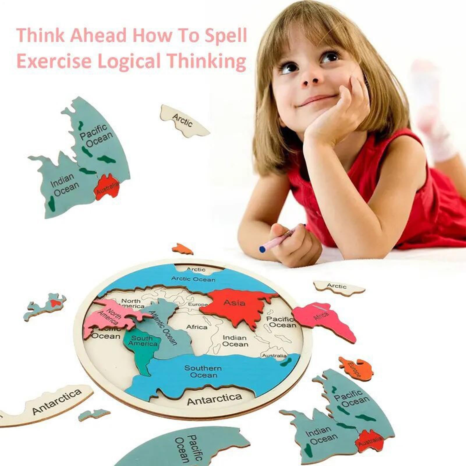 Puzzle de Geografía Juguete de Madera para Aprender Continentes y Colores | Puzzle Colorido del Mapa del Mundo Para Aprendizaje en Casa, Jardín de Infancia, Preescolar