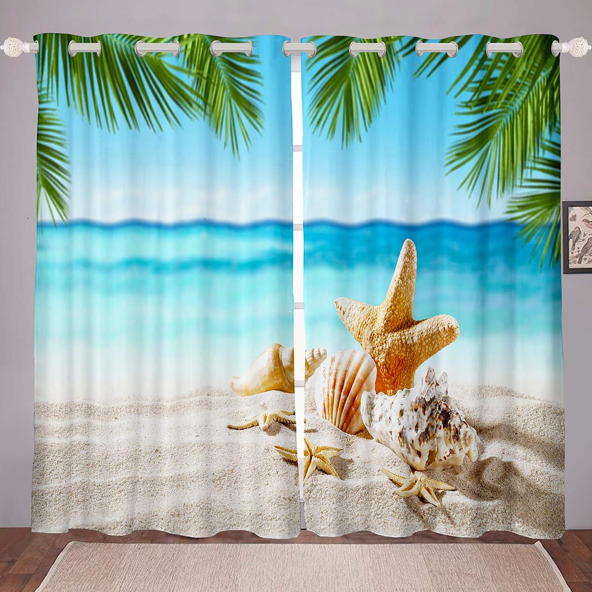 Loussiesd Beach Starfish Window Curtains for Bedroom Living Room Ocean Marine Themed Shell Curtains Teens Sea Creatures Decor Windows Drapes Teal Hawaiian Sealife Window Treatments,W66*L72