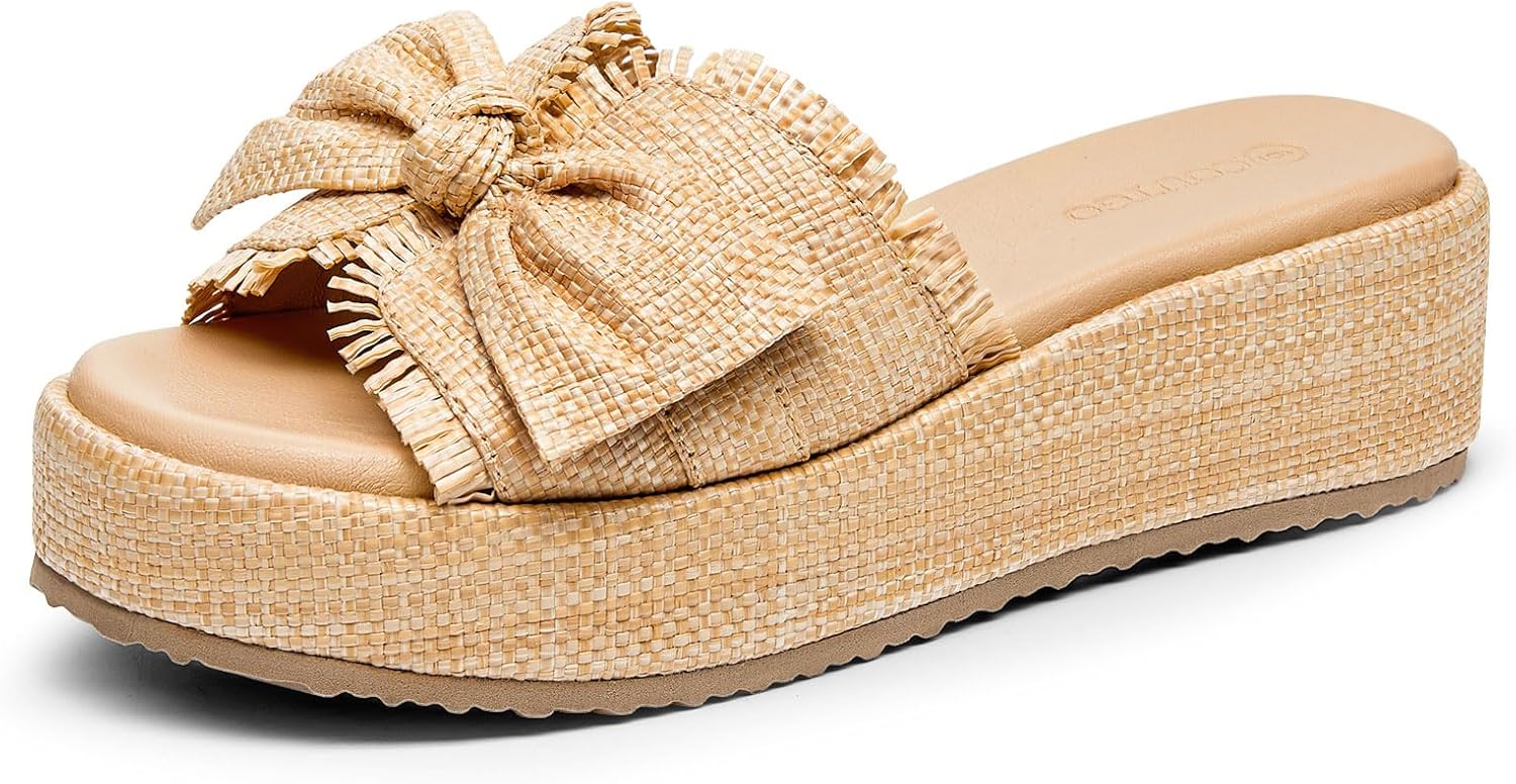 Coutgo Womens Platform Wedge Sandals Bow Open Toe Slide Sandals Straw Slip On Summer Beach Shoes