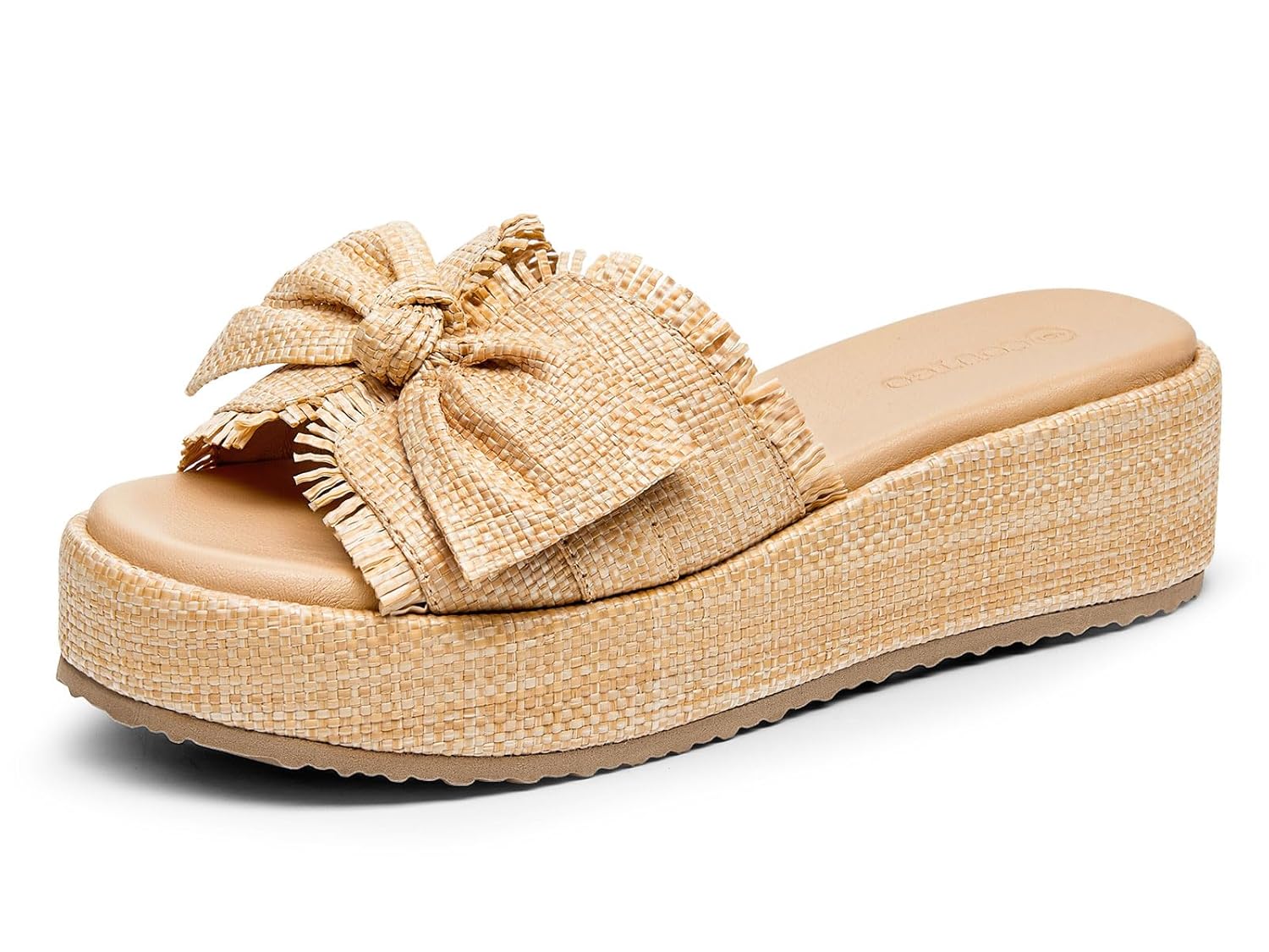 Coutgo Womens Platform Wedge Sandals Bow Open Toe Slide Sandals Straw Slip On Summer Beach Shoes