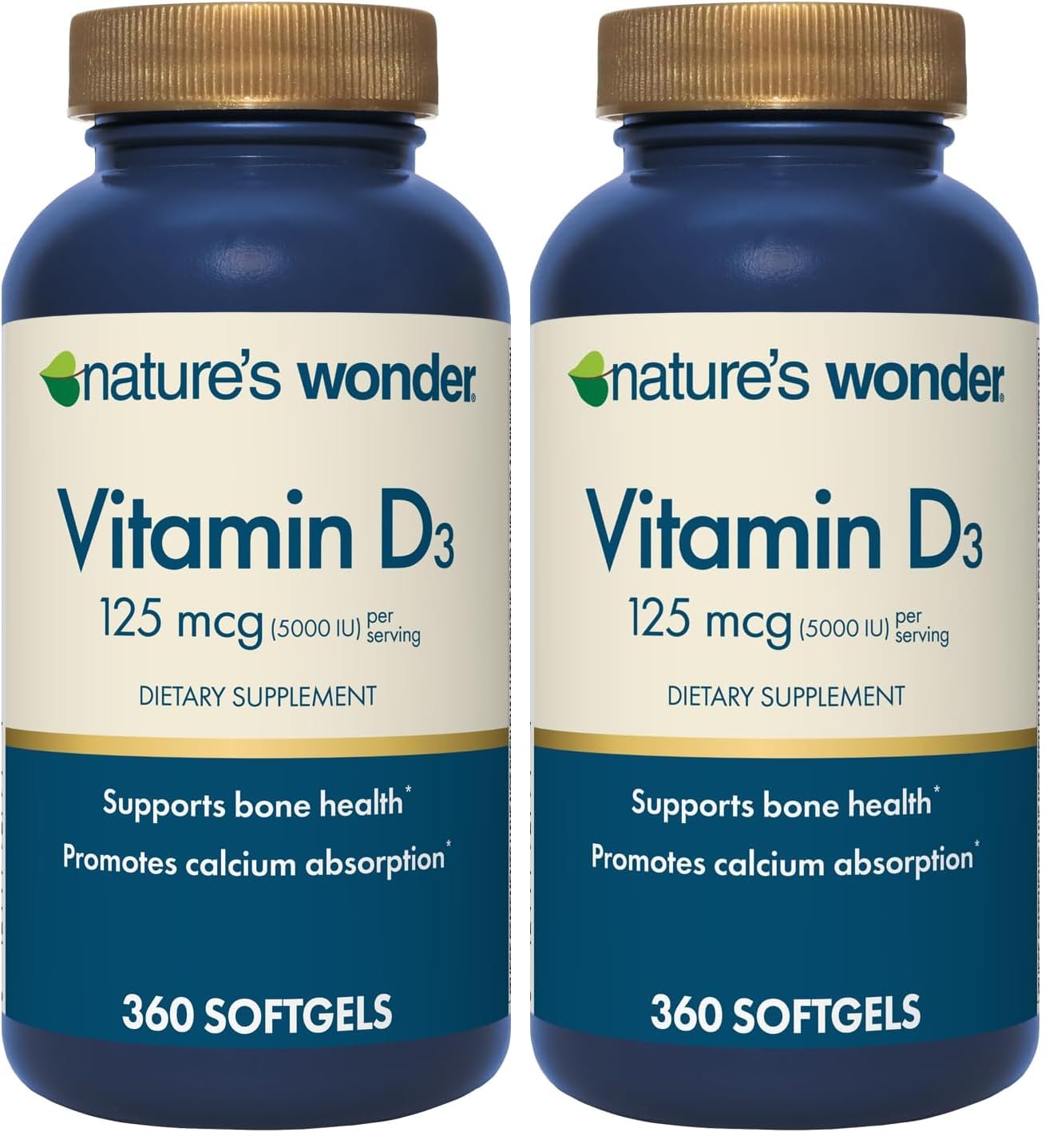Nature's Wonder Vitamin D3 5000iu (125mcg) High Potency, Dietary Supplement to Support Bone Health and Immune System, Gluten Free, 360 Softgels, 1 Year Supply (Pack of 2) 360 Count (Pack of 2)