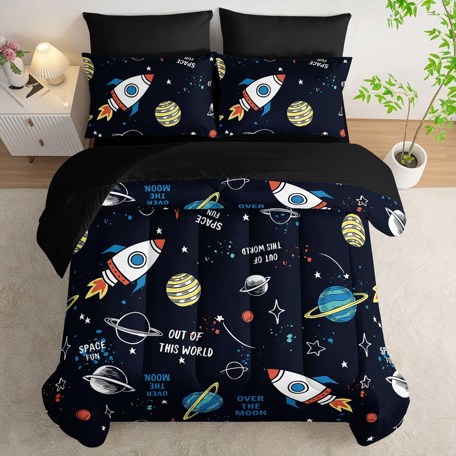 7Pcs Space Comforter Set Astronaut Space Rocket Printed Bedding Set with 1 Comforter, 1 Flat Sheet, 1 Fitted Sheet and 4 Pillowcases for Boys and Girls Bedroom (Astronaut Queen
