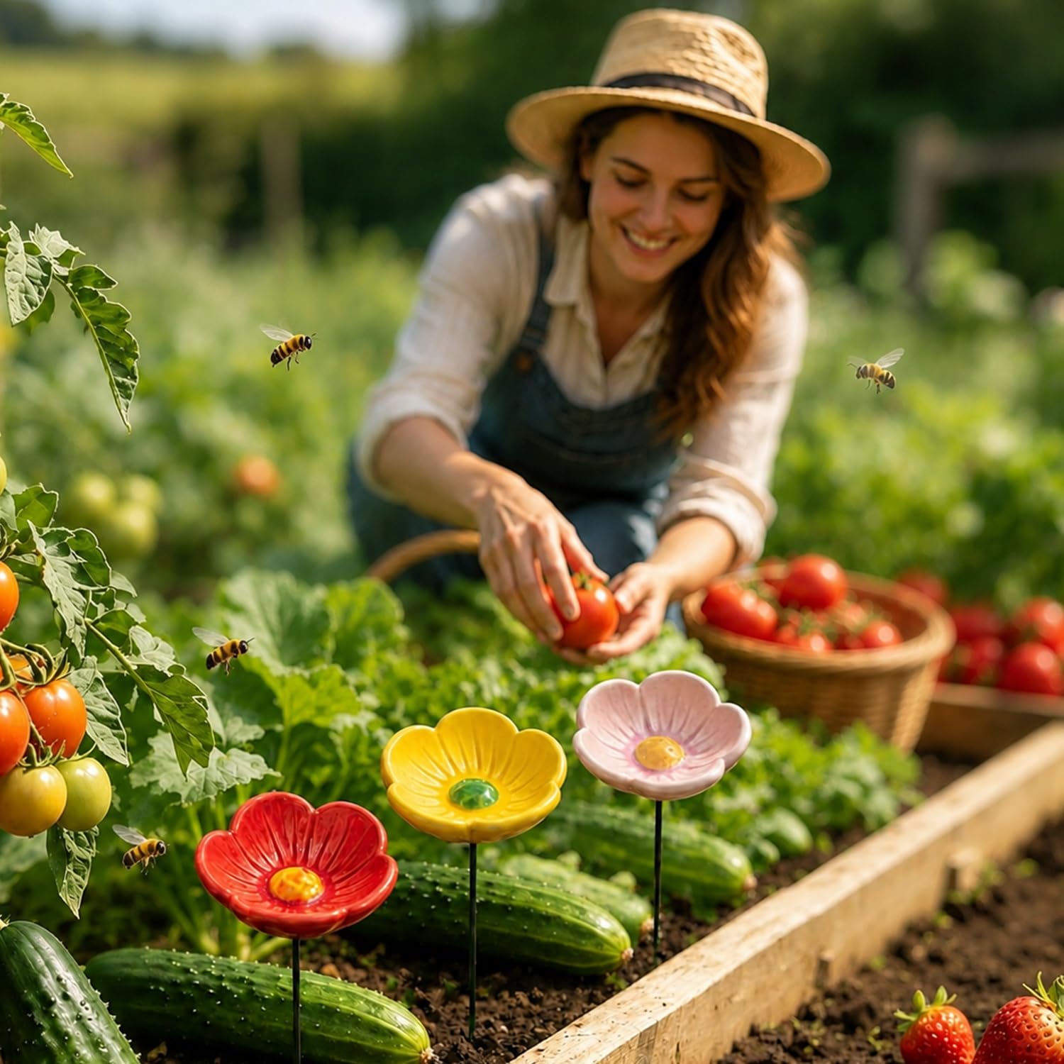 6 Stück Keramikblüte Bienentränke für den Garten, Insektentränke Keramikblumen Wassertränke mit Stecker, Keramikblüten für Bienen kreative Gartenstecker als Garten Geschenk