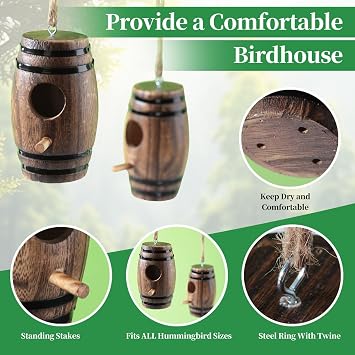2 PCS Hummingbird House for outside, DY-SKTY Natural Wooden Hummingbird Houses for Nesting.Hanging birdhouses for outdoors with pole. unique gardening gifts for women,small birdhouses for garden decor