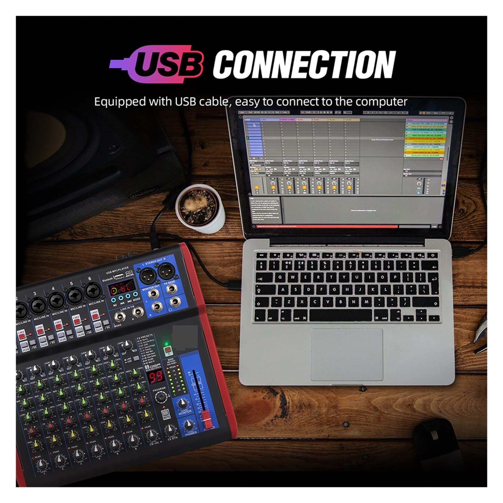 DJ-Audiomixer 8-Kanal-Mixer-Schnittstelle for DJ-Mischpult-Controller-Aufnahmestudio mit 99 DSP-Digitaleffekten